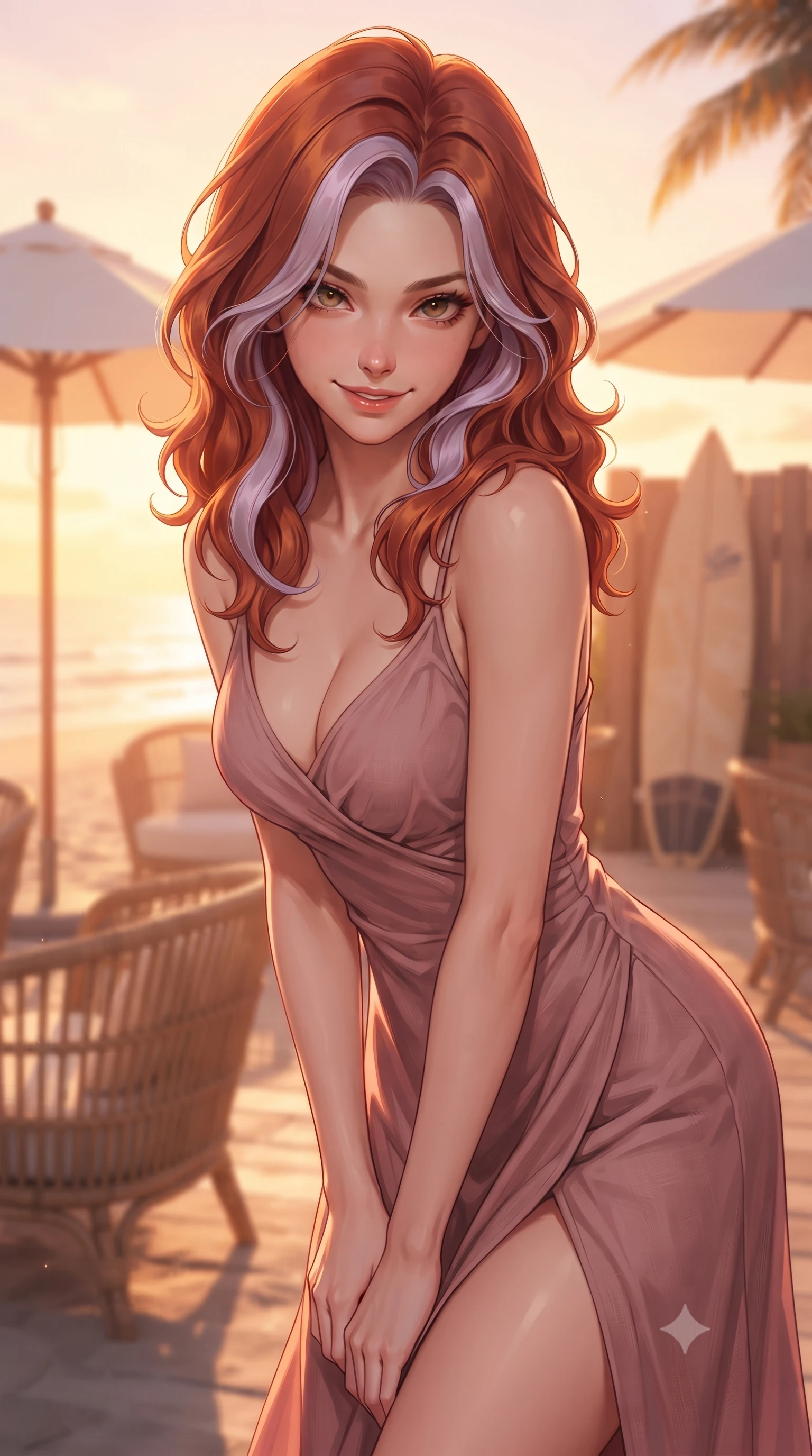 score_9, masterpiece, best quality, ultra-detailed, high-budget anime keyframe, editorial fashion photography, tasteful artistic composition, Caucasian woman. close-up cowboy shot from the waist and thighs up, the character dominates the composition, filling the frame with her large presence, background elements kept in soft focus. leaning slightly forward with a playful, sultry smile that holds direct, intense eye contact set against a soft-focus background of on a sunny beach patio with rattan chairs and white umbrellas with a surfboard resting against a wooden fence in soft focus behind her. She has an exceptionally elegant, slender, and willowy female figure with an ultra-slim waist, a gracefully sculpted slender torso, and a refined silhouette. sharp v-shaped jawline, high-bridge nose, intricate jewel-like eyes with depth, thick eyelashes, glossy lips with a natural sheen. wearing form-contouring flowy linen sundress in dusty rose, draped softly and comfortably. golden hour sunset casting a warm, romantic orange wash over the beach. highly saturated vibrant anime colors, detailed shading with soft gradients, rich glossy textures, high-contrast stereoscopic depth, volumetric dynamic lighting, master piece, 9:16 ratio
