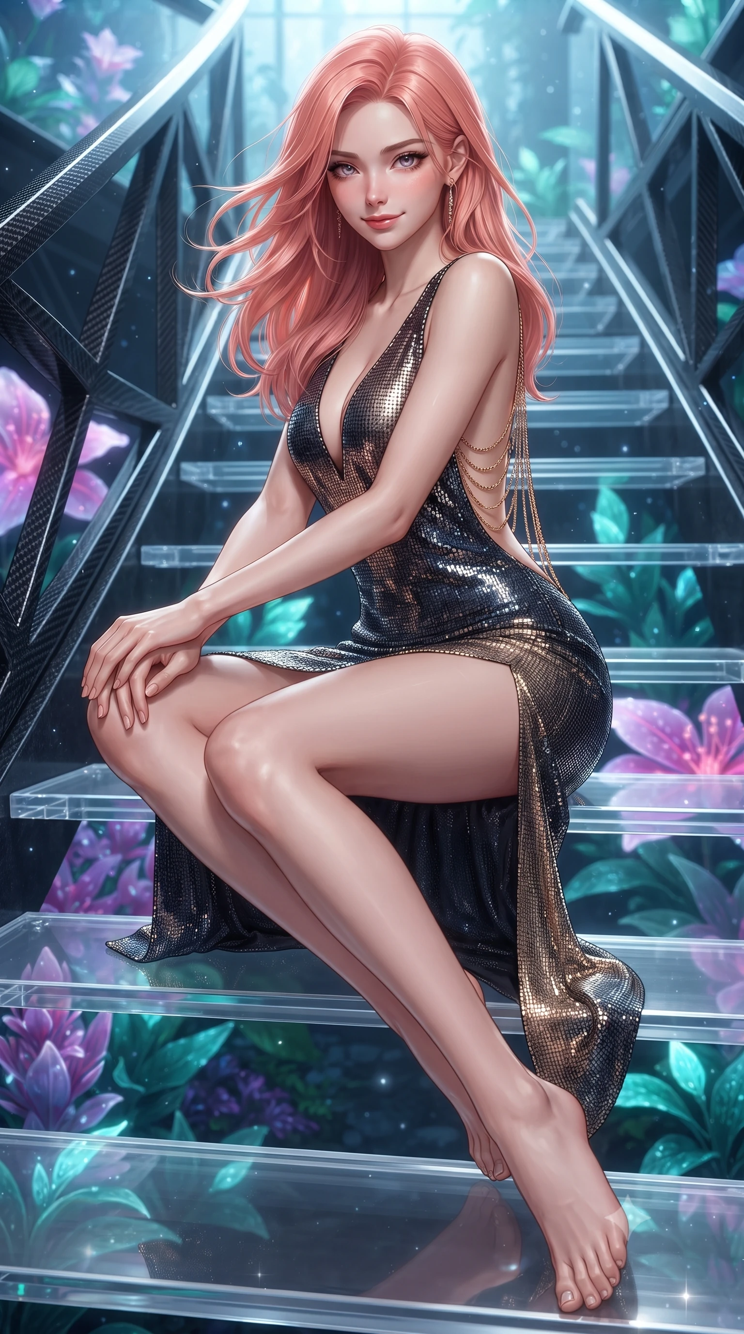 score_9, masterpiece, best quality, ultra-detailed, high-budget anime keyframe, editorial fashion photography, tasteful artistic composition, Japanese woman. close-up cowboy shot from the waist and thighs up, the character dominates the composition, filling the frame with her large presence. turning slowly with an enchanting smoldering smile, her glossy hair tossing in the breeze as her hips angle gracefully in a captivating contrapposto while sitting on a catwalk stair tread with legs extended gracefully downward, displaying her impossibly long slender limbs with supermodel cool. The surrounding environment is rendered in vivid detail and crisp panoramic clarity: sharp glowing flower petal veins, clear acrylic catwalk tread edges, and carbon-fiber structural truss ribs in deep focus. She has an exceptionally elegant, slender, and willowy female figure with an ultra-slim waist, flat toned midriff, narrow ribcage, and sculpted feminine hips creating an alluring, slim hourglass silhouette without bulk. sharp v-shaped jawline, high-bridge nose, sparkling eyes with hypnotic seductive depth, thick curled eyelashes, glossy parted lips with a natural dewy peach sheen, alluring bedroom-eyes with an enchanting coquettish smile, exuding magnetic siren charisma and sophisticated glamour, flawlessly proportioned anatomical accuracy, strict slender model proportions, natural body alignment, perfectly sculpted long slender limbs, ultra-slim waistline, clean dynamic posture without body distortion. wearing a plunging V-neck rib-knit sweater dress with an open-back scoop and daring side leg slit in midnight obsidian black and liquid champagne gold, crafted from shimmering fluid chainmail mesh reflecting ambient lights, accented with an open-back drape framed by falling strands of delicate gold chains, the second-skin tailored fabric adhering flawlessly to her sculpted flat midriff and slender torso, emphasizing her long leg lines and perfectly proportioned willowy build. bathed in the ethereal glow of living bioluminescent plants mixed with soft greenhouse downlighting. ultra-reflective glossy finish, specular highlights, rich textural contrasts, high-contrast stereoscopic depth, volumetric dynamic lighting, 2k, ultra detail, master piece, 9:16 ratio
