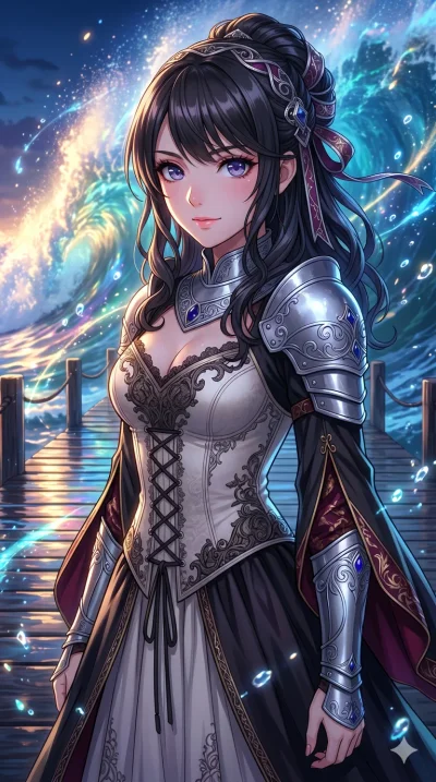 score_9, masterpiece, best quality, ultra-detailed, High-budget Anime Keyframe, beautiful Japanese anime girl. Upper body close-up from the thighs up, character filling the screen for maximum presence. Standing on a pier as a giant wave of light cras