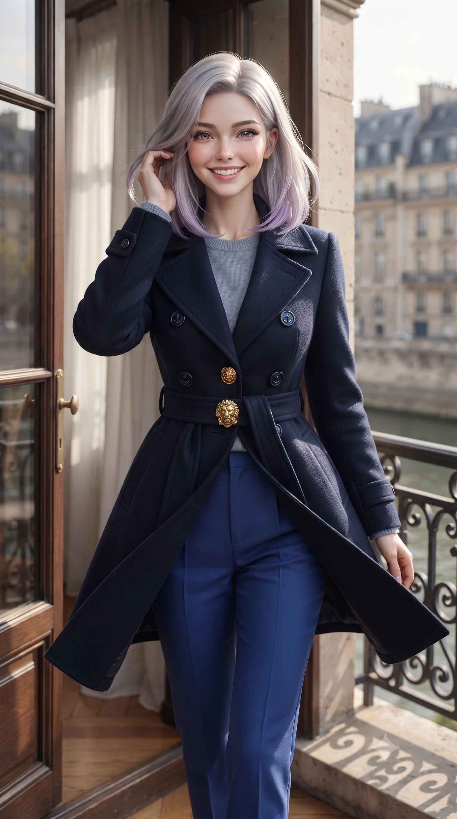 score_9, masterpiece, best quality, ultra-detailed, high-budget anime keyframe, editorial fashion photography, tasteful artistic composition, Caucasian woman. close-up cowboy shot from the waist and thighs up, the character dominates the composition, filling the frame with her large presence. gently brushing a lock of hair behind her ear with one hand while flashing a radiant, joyful smile while stepping out through tall French double doors onto the stone balcony ledge, her belted cashmere coat catching the brisk autumn breeze. The background shows a soft-focus French apartment interior shear curtains softened in intimate Parisian morning shallow focus. She has an exceptionally elegant, slender, and willowy female figure with an ultra-slim waist, flat toned midriff, narrow ribcage, and sculpted feminine hips creating an alluring, slim hourglass silhouette without bulk. sharp v-shaped jawline, high-bridge nose, intricate jewel-like sparkling eyes with depth, thick eyelashes, glossy parted lips with a natural peach sheen, bright cheerful beaming smile with an enchanting and coquettish sensual glint, exuding both youthful cute charm and seductive allure, flawlessly proportioned anatomical accuracy, strict slender model proportions, natural body alignment, perfectly sculpted long slender limbs, ultra-slim waistline, clean dynamic posture without body distortion. wearing a navy tailored wool peacoat with anchor buttons layered over a soft merino wool sweater and pressed pleated slacks in royal sapphire blue and antique brushed bronze, crafted from ultra-soft Mongolian cashmere with exquisite insulating warmth and tactile softness, accented with an ornate 24k gold lion-embossed crest button along the front closure, the precision-cut high-waisted tailoring accentuating her ultra-slim waist and long slender leg line with immaculate aristocratic poise. bathed in soft, luminous early morning autumn sunlight reflecting off the Seine river surface and stone facades. ultra-reflective glossy finish, specular highlights, rich textural contrasts, high-contrast stereoscopic depth, volumetric dynamic lighting, 2k, ultra detail, master piece, 9:16 ratio