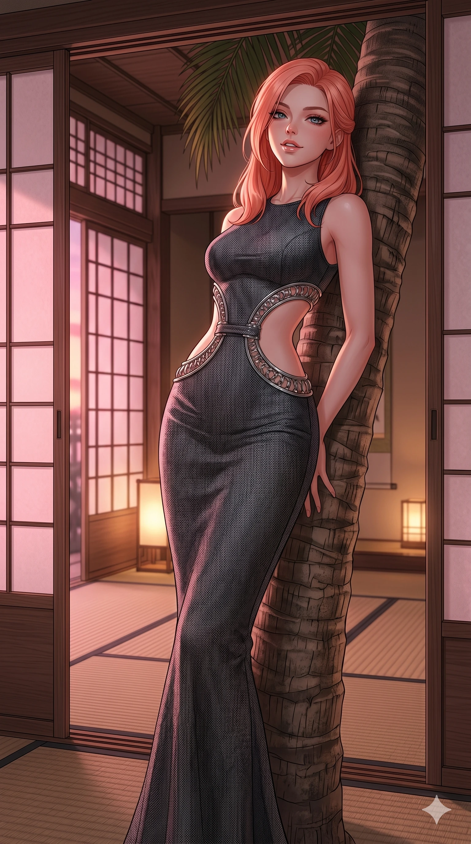 score_9, masterpiece, best quality, ultra-detailed, high-budget anime keyframe, editorial fashion photography, tasteful artistic composition, Japanese woman. cowboy shot from the thighs up, character and outfit filling the frame for maximum editorial presence. leaning back against a massive palm trunk, her lips parted slightly in a confident smile inside a traditional tatami room with sliding paper doors (Code-P17-070). She has an absolutely perfect 8-heads proportion, an exceptionally tall and slender female figure with impossibly long slender legs and an ultra-slim waist. V-shaped jawline, high-bridge nose, intricate jewel-like eyes with depth, thick eyelashes, glossy lips with a natural sheen. wearing a bodycon dress with dramatic curved waist cutouts framed by chrome ring hardware. soft pink sunset glow mixed with warm lantern light, tracing her jawline and lips. 2k, ultra detail, master piece, 9:16 ratio