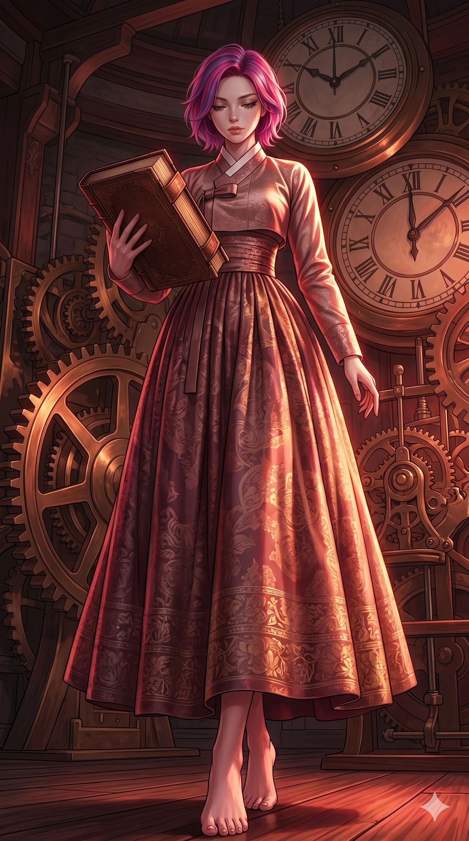 score_9, masterpiece, best quality, ultra-detailed, high-budget anime keyframe, editorial fashion photography, tasteful artistic composition, Caucasian woman, strictly human ears. low angle full-body shot from head to toe showing her feet, filling the entire 9:16 vertical frame with her statuesque presence, stretching her vertical silhouette. holding a heavy book with one hand, looking down with lowered lashes in a thoughtful, composed gesture in an antique clock tower with massive turning bronze gears and clock faces (Code-P18-022). She has an absolutely perfect 8-heads proportion, an exceptionally tall and slender female figure with impossibly long slender legs and an ultra-slim waist. V-shaped jawline, high-bridge nose, intricate jewel-like eyes with depth, thick eyelashes, glossy lips with a natural sheen. wearing a traditional high-neck silk hanbok wrap with a long flowing skirt. dramatic chiaroscuro lighting from the setting red sun, accentuating her statuesque silhouette. 2k, ultra detail, master piece, 9:16 ratio