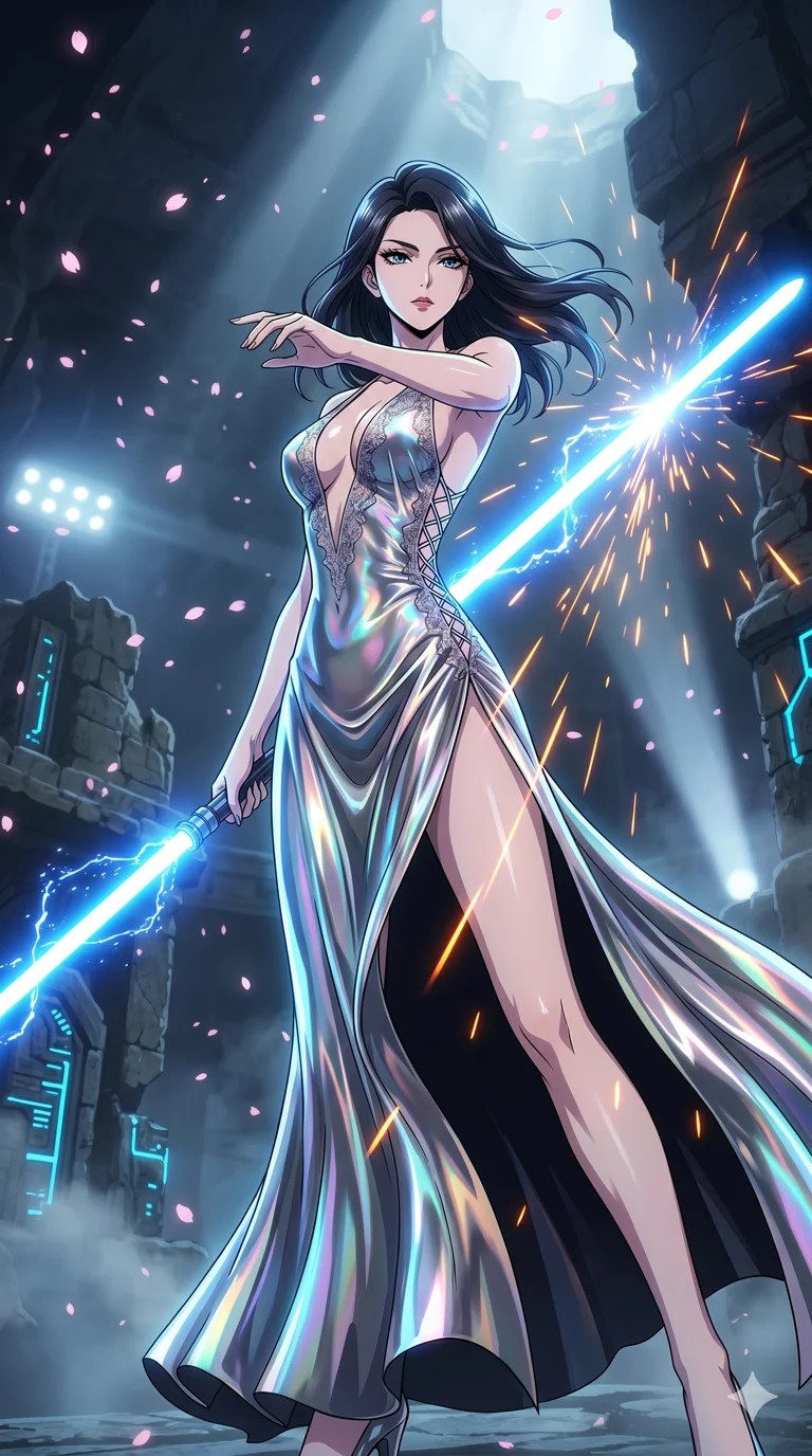 score_9, masterpiece, best quality, ultra-detailed, High-budget Anime Keyframe, vibrant colors, fluid line-art, expressive lighting, cinematic composition, Ufotable-style visual effects, top-tier animation quality, Japanese woman with delicate and elegant anime-inspired features. Dramatic low angle looking up at her majestic stature, dominating the vertical space of the composition. Wielding a dual-bladed light-saber in a high-stakes duel within an underground cyber-arena, sparks flying as she deflects incoming attacks. She has an absolutely perfect 8-heads proportion, an exceptionally tall and slender female figure with impossibly long slender legs and an ultra-slim waist, her statuesque height and towering silhouette dominating the vertical 9:16 frame. Her face is a masterpiece featuring a sharp v-shaped jawline, high-bridge nose, intricate jewel-like eyes with depth, thick eyelashes, and glossy lips with a natural sheen. She is wearing a Holographic lace evening gown with a dangerously high slit and a plunging neckline crafted from Molten liquid mercury that flows and reflects the environment with metallic perfection, featuring a deep plunging neckline and delicate lace-up side details. The scene is set in an ancient floating island with pink cherry blossoms falling like snow against a blue sky, illuminated by volumetric light beams cutting through a hazy atmosphere, creating a sense of depth. 2k, ultra detail, master piece, 9:16 ratio