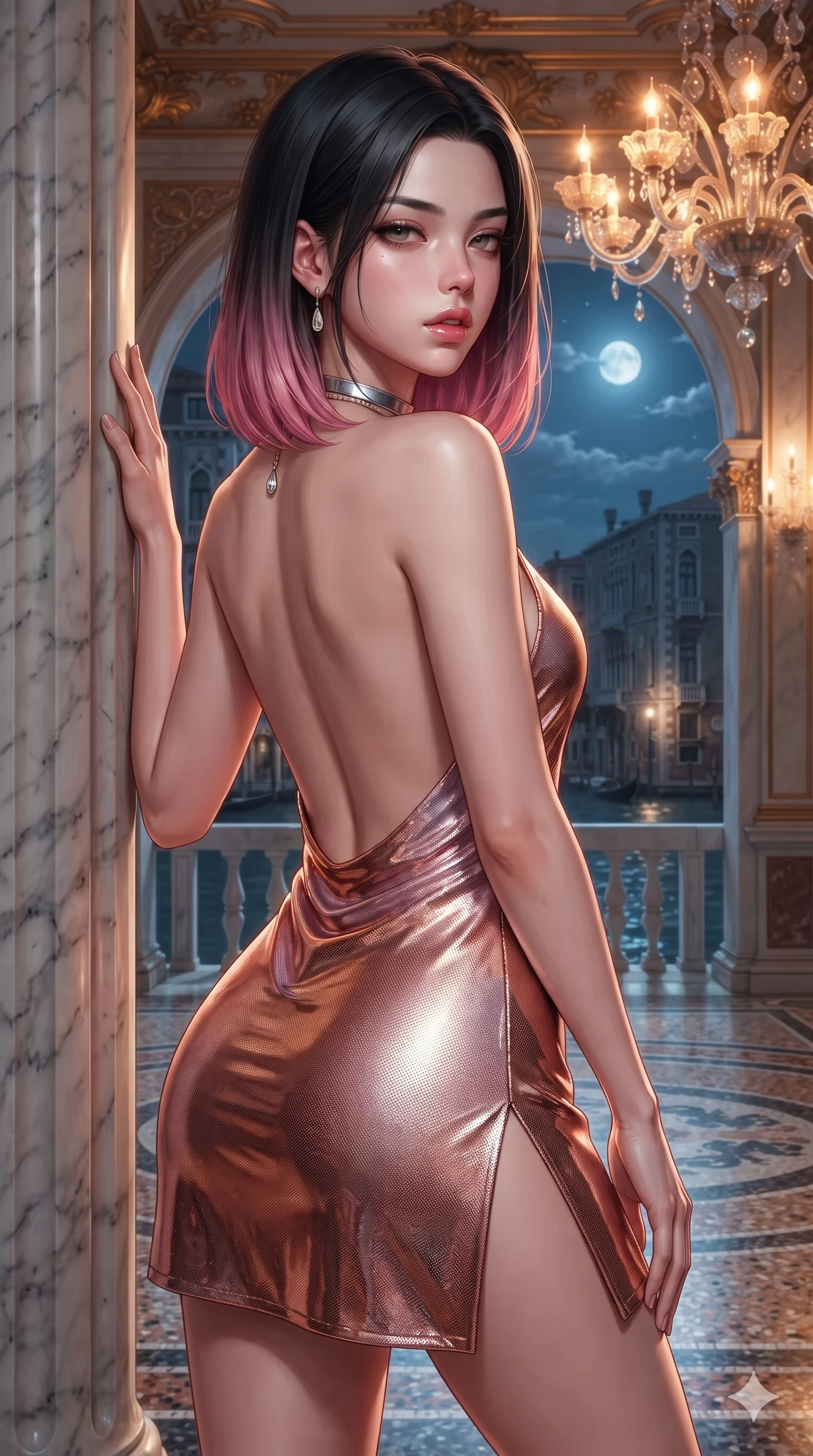 score_9, masterpiece, best quality, ultra-detailed, high-budget anime keyframe, editorial fashion photography, tasteful artistic composition, Korean woman. close-up cowboy shot from the waist and thighs up, the character dominates the composition, filling the frame with her large presence. posing in an alluring rear three-quarter angle, looking over a bare shoulder with parted glossy lips, her hips cocked back to highlight her slim hourglass curve while leaning against the fluted marble loggia column with hips cocked back, looking through the open arches into the moonlit canal with heavy-lidded smoldering bedroom-eyes. The surrounding environment is rendered in vivid detail and crisp panoramic clarity: sharp Venetian terrazzo floor mosaic inlays, crystal chandelier prism facets, and gilded stucco moldings in deep focus. She has an exceptionally elegant, slender, and willowy female figure with an ultra-slim waist, flat toned midriff, narrow ribcage, and sculpted feminine hips creating an alluring, slim hourglass silhouette without bulk. sharp v-shaped jawline, high-bridge nose, intricate jewel-like sparkling eyes with depth, thick eyelashes, glossy parted lips with a natural sheen, intensely captivating and seductive bedroom-eyes expression, exuding both youthful cute charm and sovereign luxury allure, flawlessly proportioned anatomical accuracy, strict slender model proportions, natural body alignment, perfectly sculpted long slender limbs, ultra-slim waistline, clean dynamic posture without body distortion. wearing an alluring backless metallic lamé halterneck mini dress with deep scoop back down to her lower spine and thigh-high slit in rose-quartz blush and burnished copper, tailored from high-gloss patent leather with mirror-like specular highlights, finished with a minimalist chrome choker and a single teardrop diamond pendant, the glove-like clinging cut tightly following the natural contour of her hips and long slender legs with youthful 8.5-heads elegance. bathed in the warm, sparkling amber-crystal brilliance of interior Murano chandeliers contrasting with cool midnight blue moonlight outside. ultra-reflective glossy finish, specular highlights, rich textural contrasts, high-contrast stereoscopic depth, volumetric dynamic lighting, 2k, ultra detail, master piece, 9:16 ratio