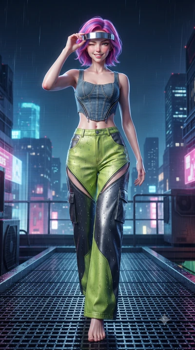 score_9, masterpiece, best quality, ultra-detailed, high-budget anime keyframe, editorial fashion photography, tasteful artistic composition, Caucasian woman. low angle full-body shot from head to toe showing her feet, filling the entire 9:16 vertica