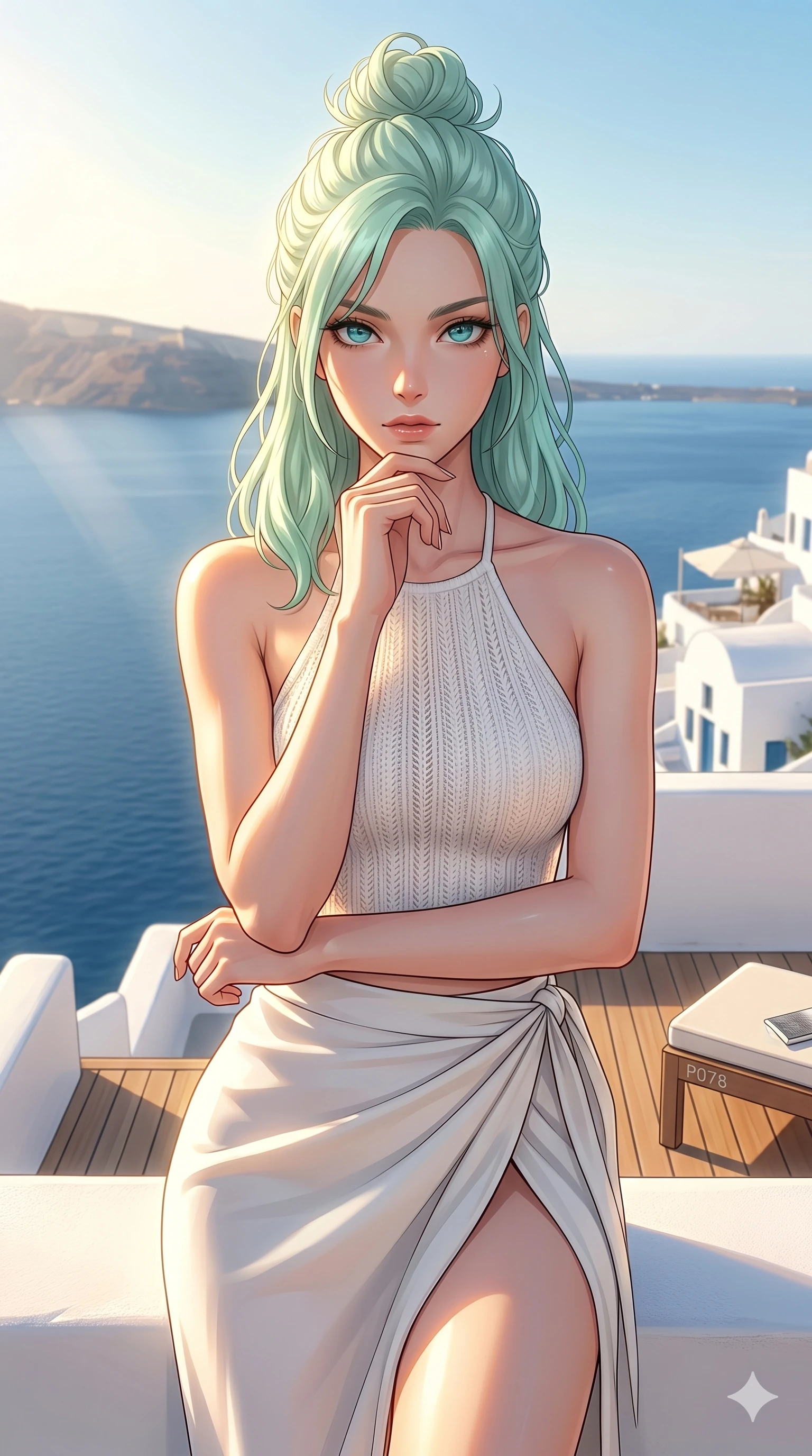 score_9, masterpiece, best quality, ultra-detailed, high-budget anime keyframe, editorial fashion photography, tasteful artistic composition, Japanese woman. cowboy shot from the thighs up, character and outfit filling the frame for maximum editorial presence. resting her chin on her fingers, looking directly into the lens with a piercing, mysterious gaze on a private teak sun-deck of a cliffside villa in Santorini, overlooking the calm Aegean sea (Code-P078). She has an absolutely perfect 8-heads proportion, an exceptionally tall and slender female figure with impossibly long slender legs and an ultra-slim waist. V-shaped jawline, high-bridge nose, intricate jewel-like eyes with depth, thick eyelashes, glossy lips with a natural sheen. wearing a white knit halter top showing her elegant clavicle lines, and a high-slit wrap skirt. drenched in brilliant afternoon sunshine, casting warm rays that trace the curves of her athletic figure. 2k, ultra detail, master piece, 9:16 ratio