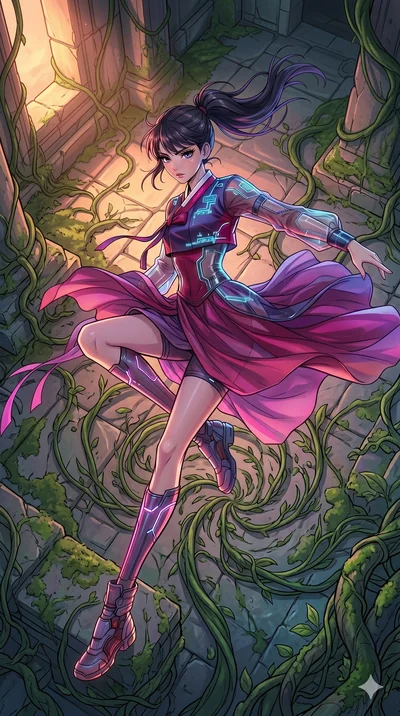score_9, masterpiece, best quality, ultra-detailed, high-budget anime movie keyframe, cinematic anime lighting, intricate line art, Japanese woman. Extreme high angle shot as she leaps towards the camera, filling the frame. dancing in a ruin where th