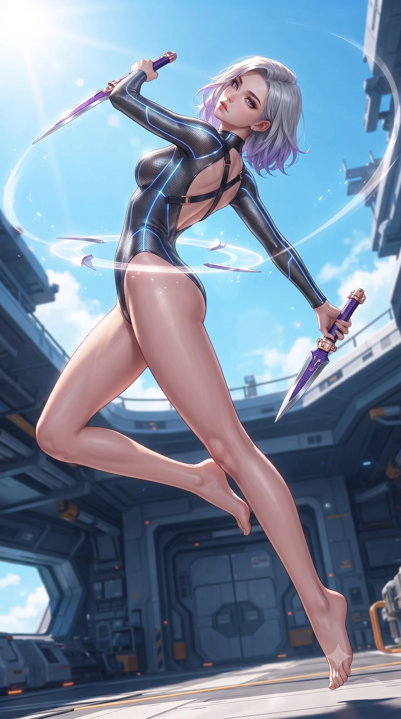 score_9, masterpiece, best quality, ultra-detailed, high-budget anime keyframe, editorial fashion photography, tasteful artistic composition, Caucasian woman. low angle full-body shot from head to toe showing her feet, filling the entire 9:16 vertical frame with her statuesque presence, stretching her vertical silhouette. arching her back gracefully in mid-air during a dynamic combat vault, her weapon energy trail framing her statuesque presence while pivoting dynamically as the orbiting funnel blades align into a radiant protective ring around her slender waist. The surrounding environment is rendered in vivid detail and crisp panoramic clarity. vibrant high-contrast daylight and advanced aerospace carrier engineering in panoramic precision. She has an absolutely perfect, statuesque 8.5-heads proportion, an exceptionally tall and slender model-like female figure with impossibly long slender legs, a toned flat midriff, and an ultra-slim waist. sharp v-shaped jawline, high-bridge nose, intricate jewel-like eyes with depth, thick eyelashes, glossy lips with a natural sheen, flawlessly proportioned anatomical accuracy, strict slender model proportions, natural body alignment, perfectly sculpted long slender limbs, ultra-slim waistline, clean dynamic posture without body distortion. wearing an aerodynamic dark titanium carbon-mesh jumper with glowing blue fiber lines, holding twin chrome vibro-daggers with deadly supermodel poise in royal purple carbon fiber with rose-gold hardware and clasps, made of lightweight aerodynamic carbon-titanium alloy with polished edge bevels, complemented by criss-cross back harness straps highlighting her completely bare spine, the form-contouring material adhering flawlessly to her sculpted flat midriff and slender torso, emphasizing her long leg lines and perfectly proportioned willowy build. surrounded by an elevated, supreme, and radiantly commanding aerospace goddess aura. ultra-reflective glossy finish, specular highlights, dark metallic sheen, high-contrast stereoscopic depth, volumetric dynamic lighting, 2k, ultra detail, master piece, 9:16 ratio