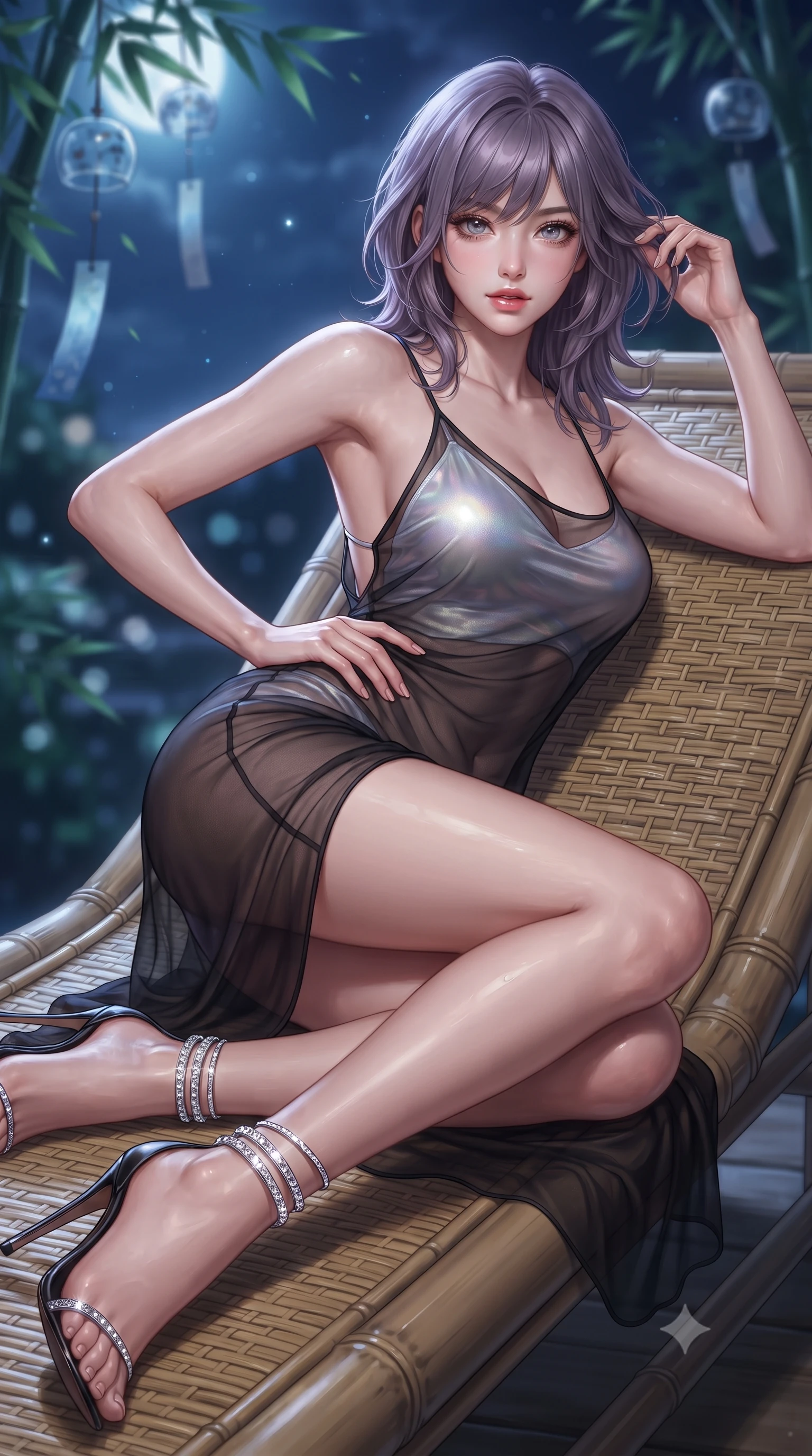 score_9, masterpiece, best quality, ultra-detailed, high-budget anime keyframe, editorial fashion photography, tasteful artistic composition, Japanese woman. close-up cowboy shot from the waist and thighs up, the character dominates the composition, filling the frame with her large presence. twisting her slender torso in an alluring contrapposto stance, one hand resting on her sculpted hip while her fingers toy with her hair with effortless poise while reclining gracefully on a woven bamboo chaise lounge, one knee bent to display her long slender legs and sculpted waistline. The background shows a soft-focus swaying emerald bamboo leaves, wind chimes, and deep indigo night sky blurred into seafoam, charcoal, and silver bokeh. She has an exceptionally elegant, slender, and willowy female figure with an ultra-slim waist, flat toned midriff, narrow ribcage, and sculpted feminine hips creating an alluring, slim hourglass silhouette without bulk. sharp v-shaped jawline, high-bridge nose, sparkling eyes with hypnotic seductive depth, thick curled eyelashes, glossy parted lips with a natural dewy peach sheen, alluring bedroom-eyes with an enchanting coquettish smile, exuding magnetic siren charisma and sophisticated glamour, flawlessly proportioned anatomical accuracy, strict slender model proportions, natural body alignment, perfectly sculpted long slender limbs, ultra-slim waistline, clean dynamic posture without body distortion. wearing a sheer black gauze norigae slip dress worn over a liquid satin undergarment, hugging her flat midriff and hourglass curves in iridescent mother-of-pearl and misty lavender, woven from buttery-soft stretch lambskin leather adhering to her body like a second skin, complemented by strappy stiletto sandals with crystal ankle wraps accentuating her slender calves, the precision-cut side openings and low-back scoop framing her graceful spine and the sensual sweep of her slim, toned hips. bathed in cool moonlight filtering delicately through the dense bamboo canopy. ultra-reflective glossy finish, specular highlights, rich textural contrasts, high-contrast stereoscopic depth, volumetric dynamic lighting, 2k, ultra detail, master piece, 9:16 ratio