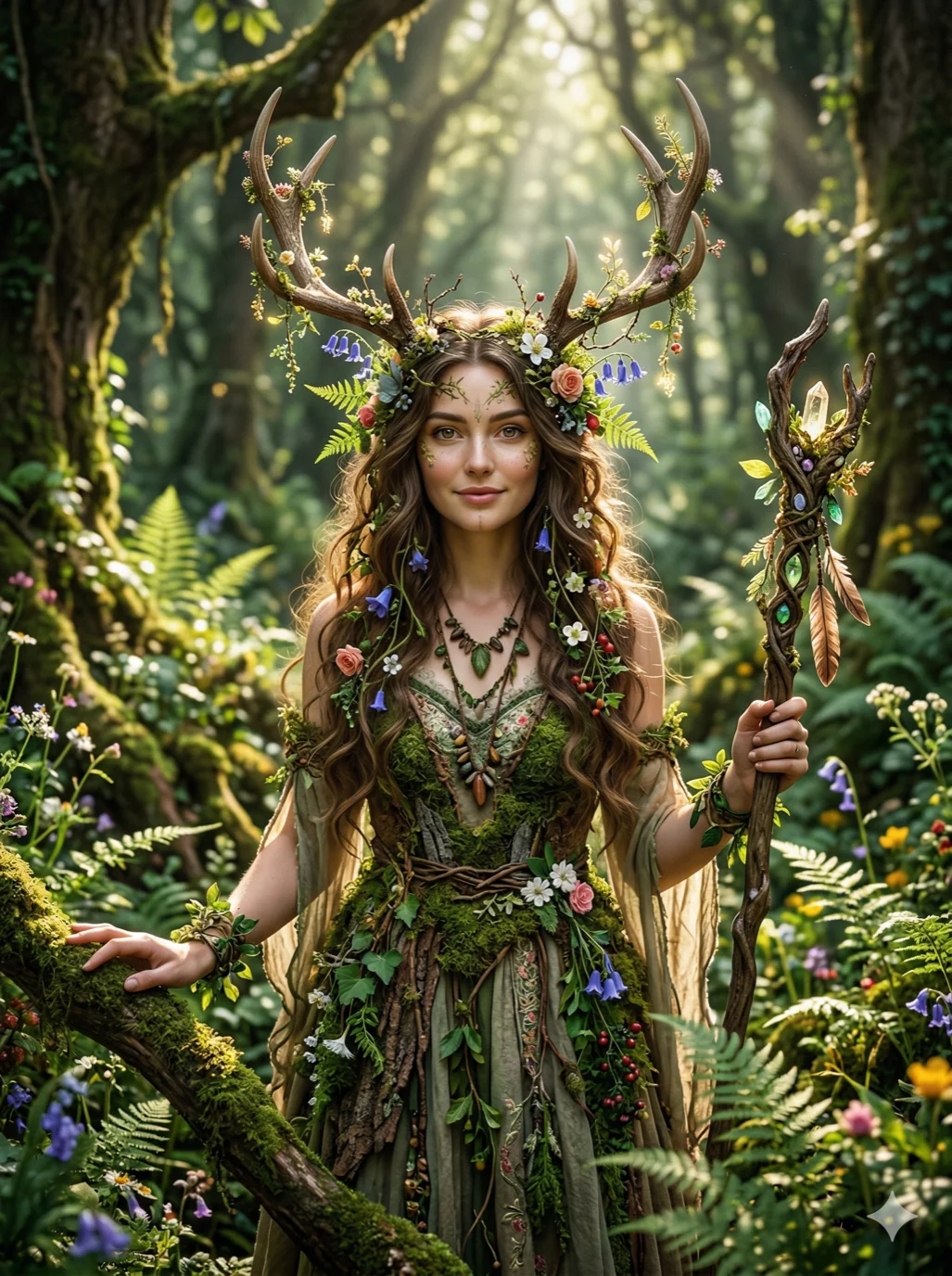 A forest spirit in the form of a beautiful woman with antlers, vines and flowers in her hair, 2k, ultra detail, master piece, 3:4 ratio