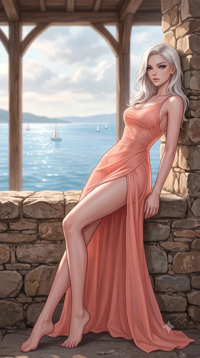 score_9, masterpiece, best quality, ultra-detailed, high-budget anime keyframe, editorial fashion photography, tasteful artistic composition, Caucasian woman woman. low angle full-body shot from head to toe showing her feet, filling the entire 9:16 v