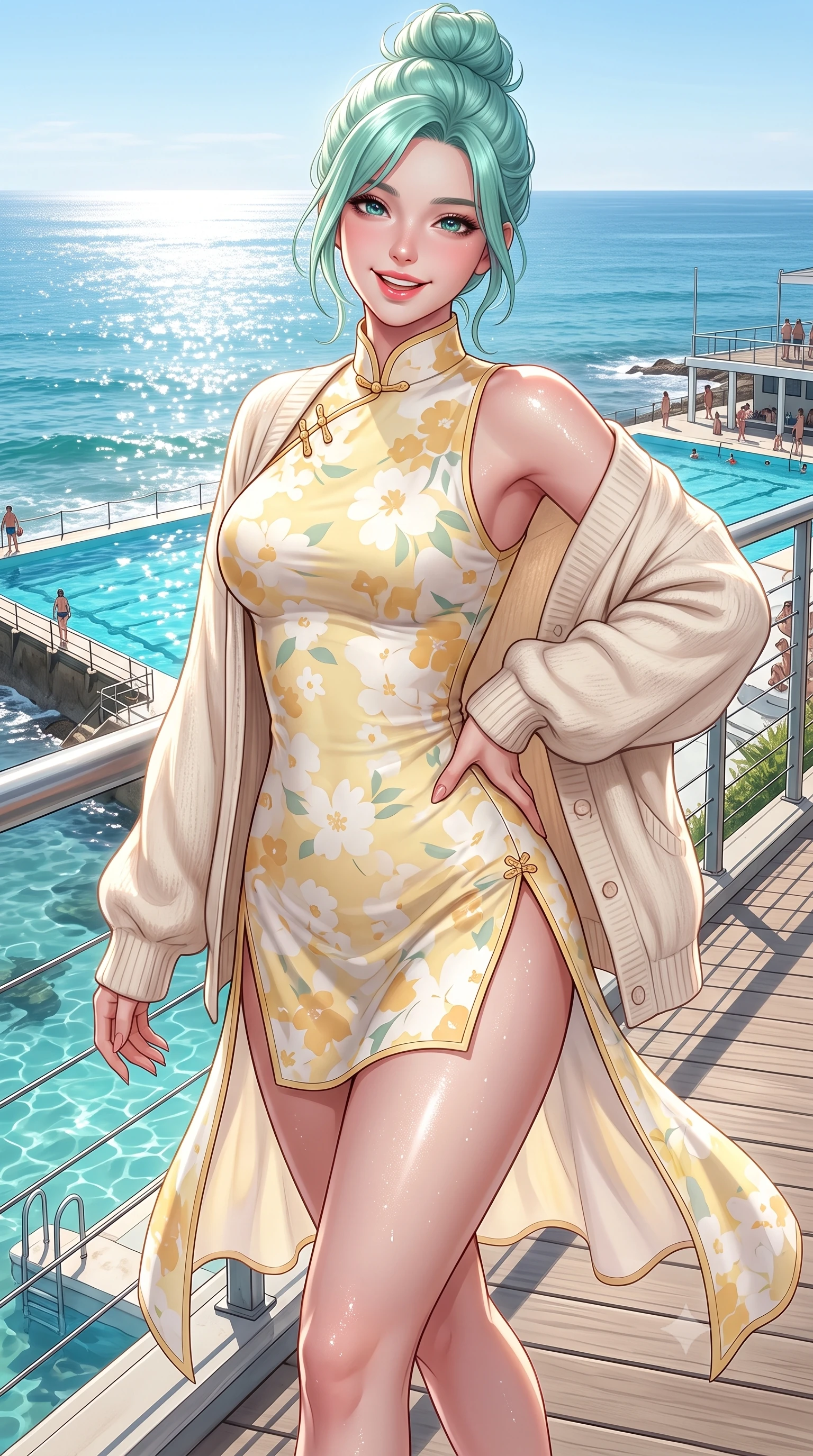score_9, masterpiece, best quality, ultra-detailed, high-budget anime keyframe, semi-realistic 3D game render, editorial fashion photography, tasteful artistic composition, Japanese woman. close-up cowboy shot from the waist and thighs up, the character dominates the composition, filling the frame with her large presence. twisting her slender torso in an alluring contrapposto stance, one hand resting on her sculpted hip while flashing a radiant, playful smile with parted glossy lips while striding along the elevated coastal walkway overlooking the famous turquoise ocean pool, arching her back with an infectious, sun-kissed smile. The surrounding environment is rendered in vivid detail and crisp panoramic clarity. detailed sporty chic outfit weave, glistening sun spray on skin, and Pacific horizon clarity in high resolution. She has an exceptionally elegant, slender, and willowy female figure with an ultra-slim waist, flat toned midriff, narrow ribcage, and sculpted feminine hips creating an alluring, slim hourglass silhouette without bulk. sharp v-shaped jawline, high-bridge nose, intricate jewel-like sparkling eyes with depth, thick eyelashes, glossy parted lips with a natural peach sheen, bright cheerful beaming smile with an enchanting and coquettish sensual glint, exuding both youthful cute charm and seductive allure, flawlessly proportioned anatomical accuracy, strict slender model proportions, natural body alignment, perfectly sculpted long slender limbs, ultra-slim waistline, clean dynamic posture without body distortion. wearing a modern cute qipao mini dress with double side slits ascending to the hip in pastel floral silk in bright butter yellow and fresh cream white, tailored from fine lightweight chiffon that flutters gently in the breeze, complemented by an oversized soft knit cardigan slipping off one bare shoulder, the glove-like silhouette tightly following the natural contour of her hips and long slender legs with youthful 8.5-heads elegance. illuminated by intense specular sea reflections sharply carving her razor-sharp jawline, narrow waist, and curvy hips. highly saturated vibrant anime colors, detailed shading with soft gradients, rich glossy textures, high-contrast stereoscopic depth, volumetric dynamic lighting, master piece, 9:16 ratio