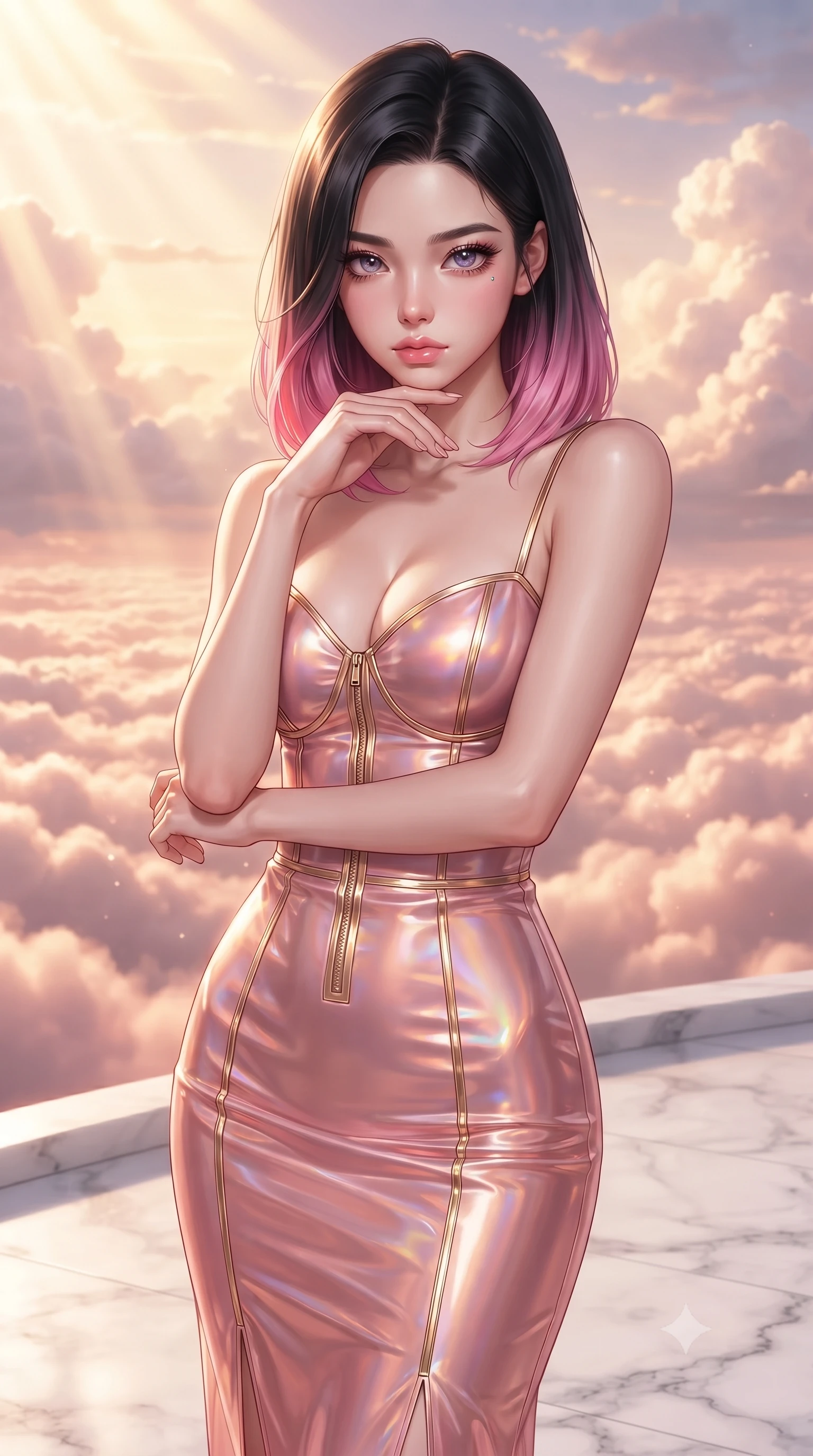 score_9, masterpiece, best quality, ultra-detailed, high-budget anime keyframe, editorial fashion photography, tasteful artistic composition, Korean woman. close-up cowboy shot from the waist and thighs up, the character dominates the composition, filling the frame with her large presence, background elements kept in soft focus. Resting her chin on the backs of her fingers with an air of effortless superiority, standing on a white marble terrace floating high above a sea of rose-gold cloud waves, rose-gold sunset rays penetrating soft cumulus cloud formations. She has an exceptionally elegant, slender, and willowy female figure with an ultra-slim waist, a gracefully sculpted slender torso, and a refined silhouette. sharp v-shaped jawline, high-bridge nose, intricate jewel-like eyes with depth, thick eyelashes, glossy lips with a natural sheen. wearing second-skin iridescent hologram organza bodycon maxi dress in rose-gold pink, made of iridescent hologram organza, finished with metallic gold boning and sleek zipper points, accentuating her gracefully sculpted slender torso. bathed in warm golden sunrise beams filtering through soft rose clouds. highly saturated vibrant anime colors, detailed shading with soft gradients, rich glossy textures, high-contrast stereoscopic depth, volumetric dynamic lighting, master piece, 9:16 ratio