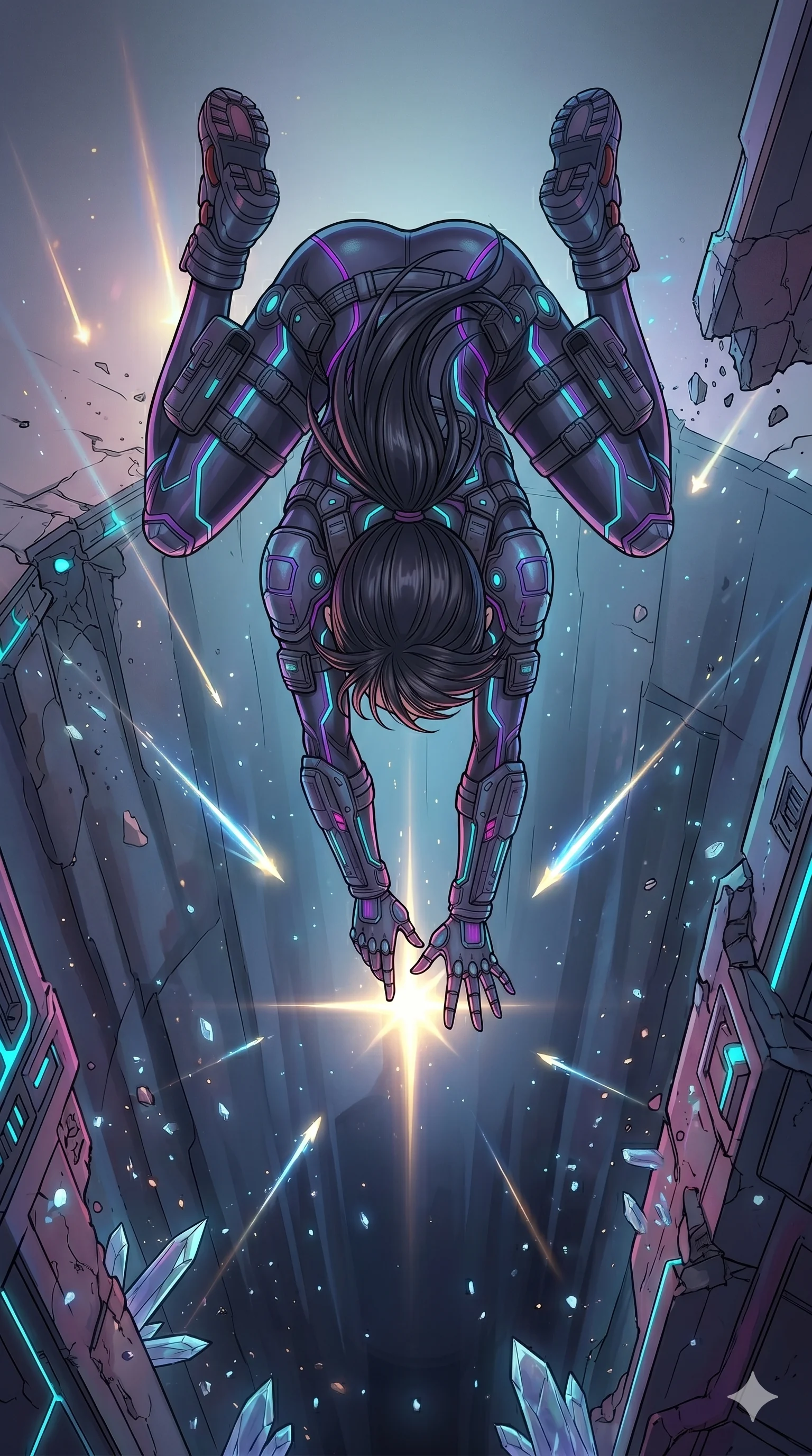 score_9, masterpiece, best quality, ultra-detailed, high-budget anime movie keyframe, cinematic anime lighting, intricate line art, Japanese woman. Extreme high angle shot as she leaps towards the camera, filling the frame. reaching for a falling star as it disappears into a bottomless pit. She has an graceful and slender female figure with elegant proportions. strictly human anatomy, two legs only, no extra limbs, clearly defined legs and arms, well-defined anatomy, perfect hands and fingers. sharp v-shaped jawline, high-bridge nose, intricate jewel-like eyes, thick eyelashes, glossy lips. Wearing Tech-Fantasy: Advanced cybernetic tech-suit with glowing seams and modular tactical gear. The scene is illuminated by dramatic atmospheric lighting and vibrant color palettes. , 2k, ultra detail, master piece, 9:16 ratio