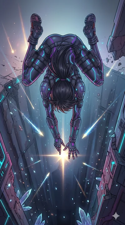 score_9, masterpiece, best quality, ultra-detailed, high-budget anime movie keyframe, cinematic anime lighting, intricate line art, Japanese woman. Extreme high angle shot as she leaps towards the camera, filling the frame. reaching for a falling sta