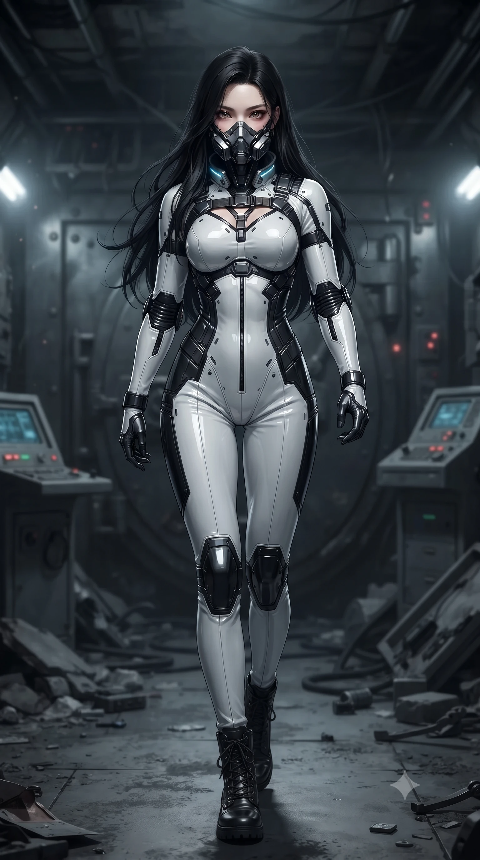 score_9, masterpiece, best quality, ultra-detailed, high-budget anime keyframe, editorial fashion photography, tasteful artistic composition, Korean woman. low angle full-body shot from head to toe showing her feet, filling the entire 9:16 vertical frame with her statuesque presence, stretching her vertical silhouette. striding forward with sovereign warrior elegance in a low, predatory combat advance through the ruins, hips swaying with fierce athletic poise while standing tall under blinking emergency floodlights as the bunker security systems spark and collapse in defeat. The composition keeps background elements in soft focus with creamy bokeh. heavy vault door mechanisms and security terminal consoles softened in moody atmospheric depth. She has an absolutely perfect, statuesque 8.5-heads proportion, an exceptionally tall and slender model-like female figure with impossibly long slender legs, a toned flat midriff, and an ultra-slim waist. sharp v-shaped jawline, high-bridge nose, intricate jewel-like eyes with depth, thick eyelashes, glossy lips with a natural sheen, fierce and resolute heroine expression, flawlessly proportioned anatomical accuracy, strict slender model proportions, natural body alignment, perfectly sculpted long slender limbs, ultra-slim waistline, clean dynamic posture without body distortion. wearing a sleek titanium half-face combat rebreather guard protecting her lower jaw while leaving her expressive eyes and long hair flowing freely, paired with a tailored tactical combat jumpsuit with an open-back harness design, reinforced composite breastplate, and high-mobility elbow dampers in monochrome white enamel carbon with high-contrast black tactical panels, formed from high-gloss patent carbon-plating with specular dystopian chiaroscuro reflections, featuring a sleek aerodynamic collar framed by subtle glowing cybernetic status LEDs, the glove-like aerodynamic second-skin fit tightly clinging to her ultra-slender waist and athletic curves without adding bulk, accentuating her razor-sharp statuesque lines and slim hourglass silhouette. surrounded by an unstoppable, royal, and fiercely triumphant lone survivor empress aura. ultra-reflective glossy finish, specular highlights, dark metallic sheen, high-contrast stereoscopic depth, volumetric dynamic lighting, 2k, ultra detail, master piece, 9:16 ratio