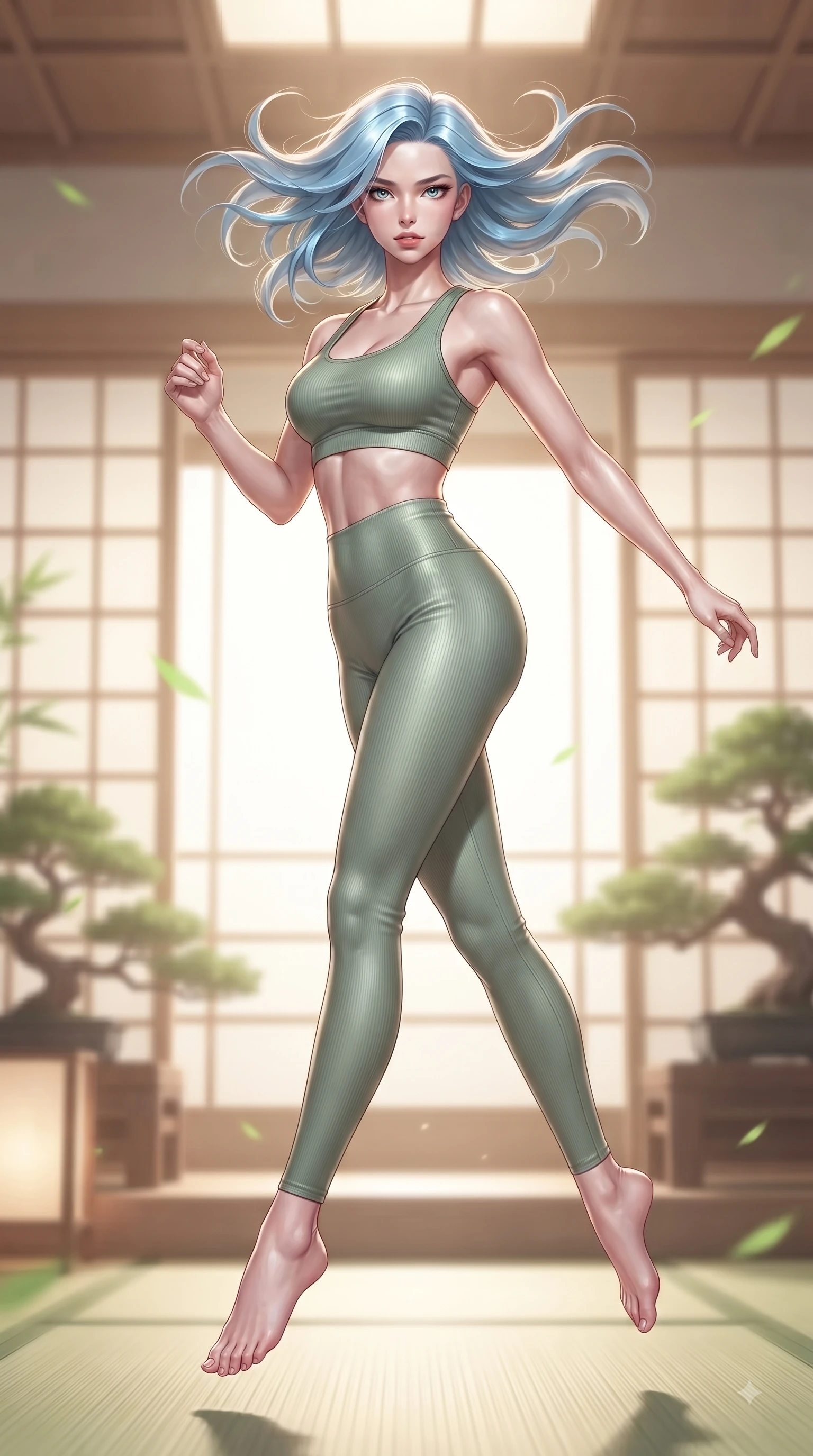 score_9, masterpiece, best quality, ultra-detailed, high-budget anime keyframe, editorial fashion photography, tasteful artistic composition, Korean woman woman. low angle full-body shot from head to toe showing her feet, filling the entire 9:16 vertical frame with her statuesque presence, stretching her vertical silhouette. She has an absolutely perfect, statuesque 8.5-heads proportion, an exceptionally tall and slender model-like female figure with impossibly long slender legs and an ultra-slim waist. leaping inside the glowing space with athletic poise, her hair swirling in a dynamic wind vortex, flawlessly proportioned anatomical accuracy, natural body alignment, perfectly sculpted elegant limbs, clean dynamic posture without body distortion. set against a soft-focus background of a cyber-zen tea room with digital shoji screens and bonsai. wearing a tight-fitting sage green ribbed activewear set with a body-hugging silhouette. bathed in soft warm wooden ambient glow with gentle green digital plant highlights. ultra-reflective glossy finish, specular highlights, metallic sheen, high-contrast stereoscopic depth, volumetric dynamic lighting, 2k, ultra detail, master piece, 9:16 ratio