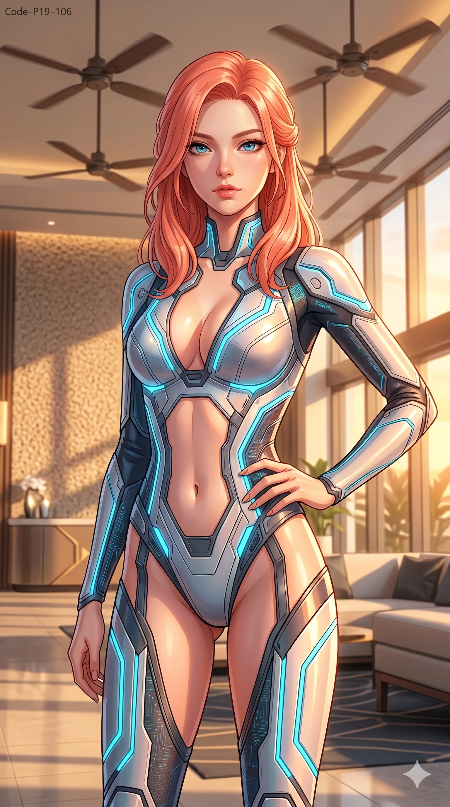 score_9, masterpiece, best quality, ultra-detailed, high-budget anime keyframe, editorial fashion photography, tasteful artistic composition, Japanese woman. cowboy shot from the thighs up, character and outfit filling the frame for maximum editorial presence. posing with quiet magnetic self-assurance, looking directly into the lens in a sunlit resort lobby with rotating decorative fans on the ceiling (Code-P19-106). She has an absolutely perfect 8-heads proportion, an exceptionally tall and slender female figure with impossibly long slender legs and an ultra-slim waist. V-shaped jawline, high-bridge nose, intricate jewel-like eyes with depth, thick eyelashes, glossy lips with a natural sheen. wearing a cybernetic bodysuit with exposed midriff and plunging neck for summer. neon blue and warm sunset light casting sharp specular highlights on her outfit. 2k, ultra detail, master piece, 9:16 ratio
