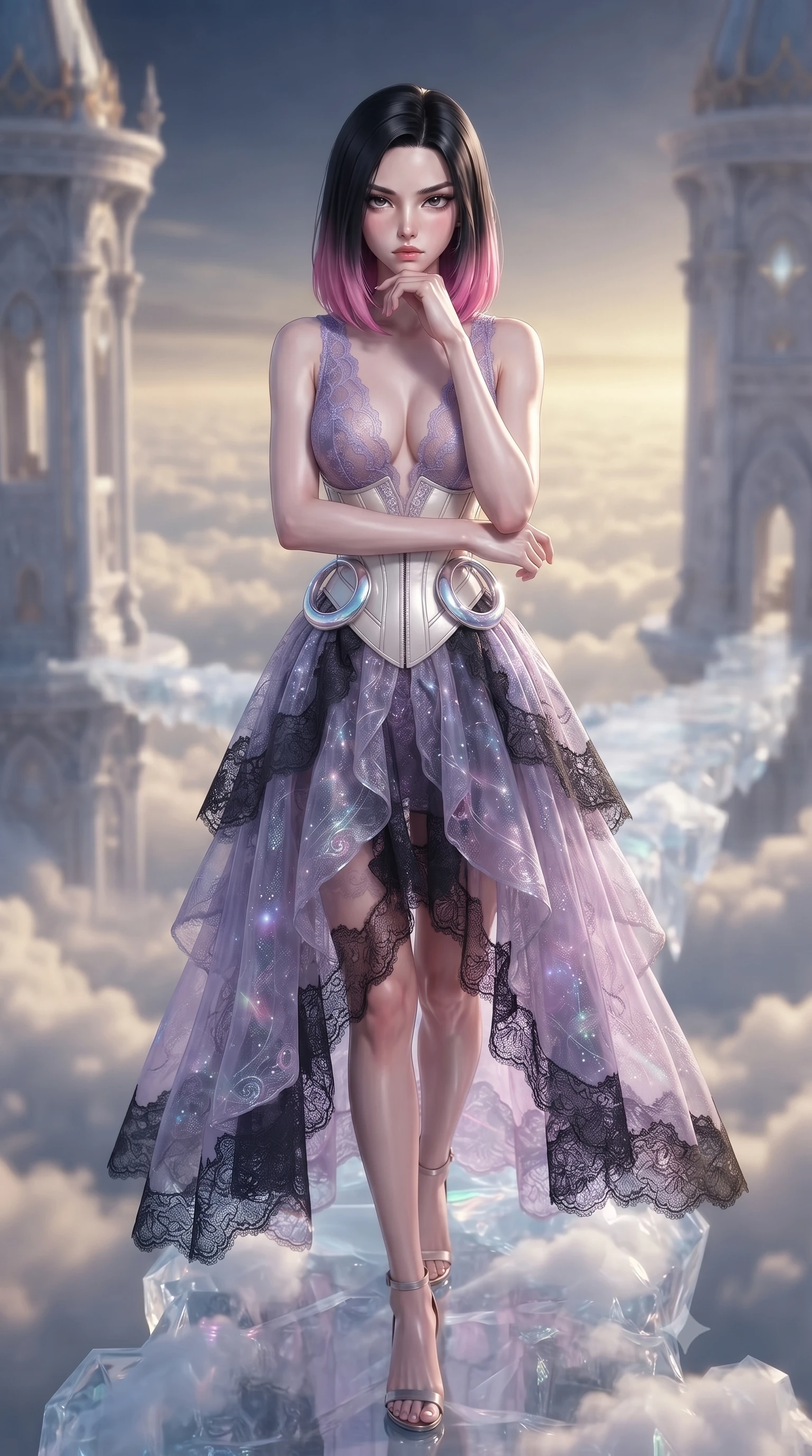 score_9, masterpiece, best quality, ultra-detailed, high-budget anime keyframe, editorial fashion photography, tasteful artistic composition, Korean woman. close-up cowboy shot from the waist and thighs up, the character dominates the composition, filling the frame with her large presence, background elements kept in soft focus. Resting her chin on the backs of her fingers with an air of effortless superiority, stepping along a crystalline cloud bridge connecting two sky towers, endless atmospheric depth with layered clouds fading into golden distance. She has an exceptionally elegant, slender, and willowy female figure with an ultra-slim waist, a gracefully sculpted slender torso, and a refined silhouette. sharp v-shaped jawline, high-bridge nose, intricate jewel-like eyes with depth, thick eyelashes, glossy lips with a natural sheen. wearing gothic nebula sheer lavender lace gown with plunging neckline in radiant platinum, made of polished ivory leather, accented with sculpted opal chrome rings at the waist, accentuating her gracefully sculpted slender torso. lit by clear sun-drenched sky light with soft ethereal shadows. ultra-reflective glossy finish, specular highlights, metallic sheen, high-contrast stereoscopic depth, volumetric dynamic lighting, 2k, ultra detail, master piece, 9:16 ratio