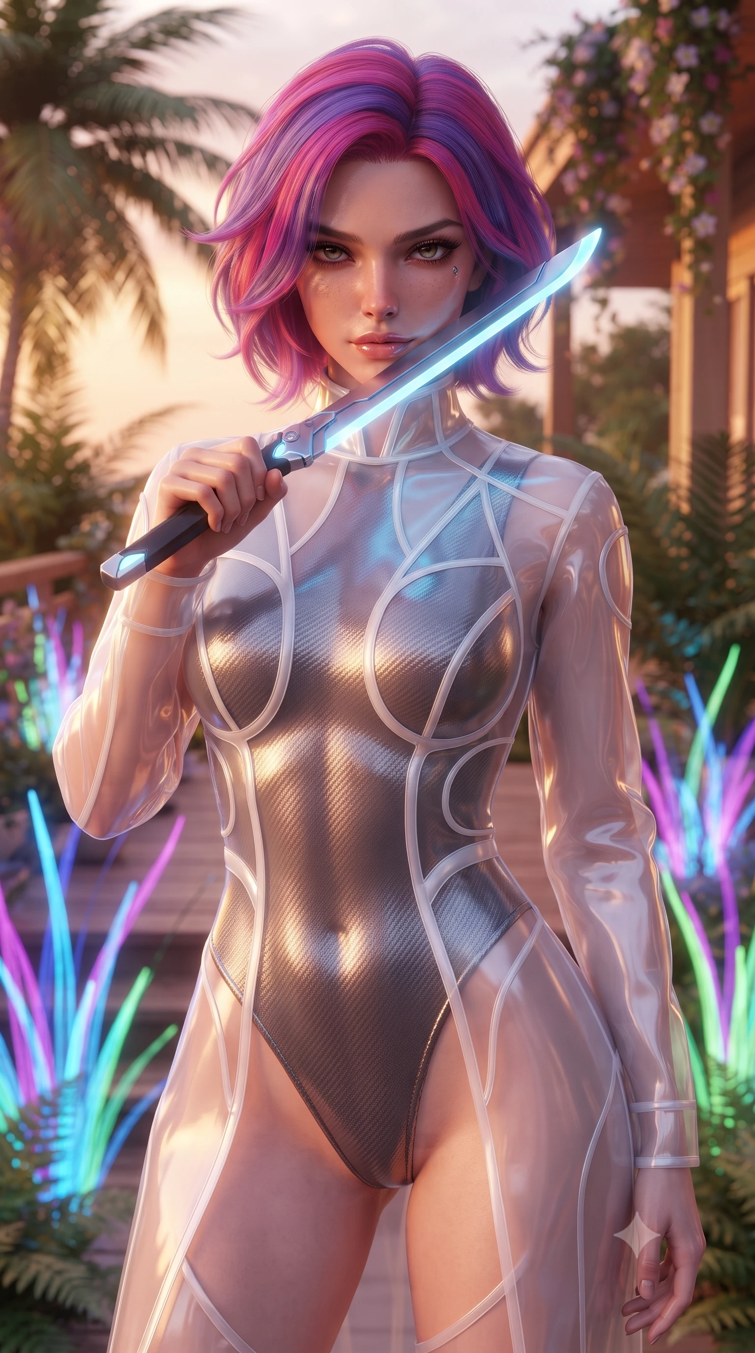 score_9, masterpiece, best quality, ultra-detailed, high-budget anime keyframe, editorial fashion photography, tasteful artistic composition, Caucasian woman. close-up cowboy shot from the waist and thighs up, the character dominates the composition, filling the frame with her large presence, background elements kept in soft focus. pressing the flat side of a glowing vibro-blade against her cheek, locking eyes with the viewer with bedroom-eyes, the background shows a soft-focus a cozy cottage deck in the botanical oasis, surrounded by neon beachgrass. She has an exceptionally elegant, slender, and willowy female figure with an ultra-slim waist, a gracefully sculpted slender torso, and a refined silhouette. sharp v-shaped jawline, high-bridge nose, intricate jewel-like eyes with depth, thick eyelashes, glossy lips with a natural sheen. wearing a form-contouring sheer white holographic organza combat gown worn over a high-cut carbon-fiber leotard. warm sunset light casting a peaceful, cozy orange wash on her figure. ultra-reflective glossy finish, specular highlights, metallic sheen, high-contrast stereoscopic depth, volumetric dynamic lighting, 2k, ultra detail, master piece, 9:16 ratio