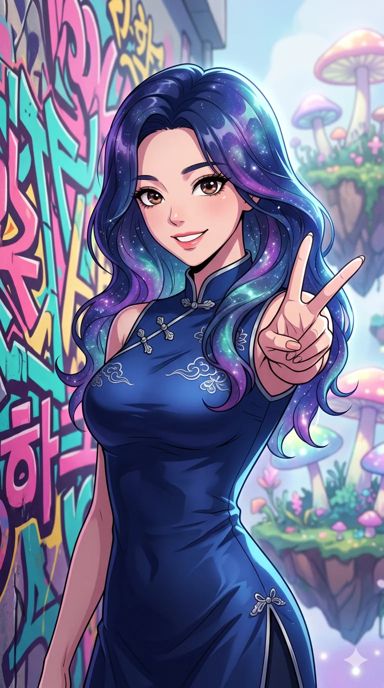 score_9, masterpiece, best quality, ultra-detailed, high-budget anime keyframe, vibrant colors and expressive line art, an incredibly beautiful Korean woman. Medium shot of upper body focusing on her alluring and cute features and her galaxy-themed hair featuring deep midnight blue with sparkling silver and purple stardust highlights, filling the vertical 9:16 frame. She is posing with a peace sign in front of a colorful graffiti wall. She has a sharp v-shaped jawline, high-bridge nose, intricate jewel-like eyes, thick eyelashes, and glossy lips. She possesses an absolutely perfect 8-heads proportion and a slim-fit silhouette. She is wearing a silk qipao-inspired modern top with a dangerously high side slit, highlighting her alluring silhouette. a dreamy floating island garden with giant pastel mushrooms, dramatic rim lighting, cinematic shadows, 2k, ultra detail, master piece, 9:16 ratio