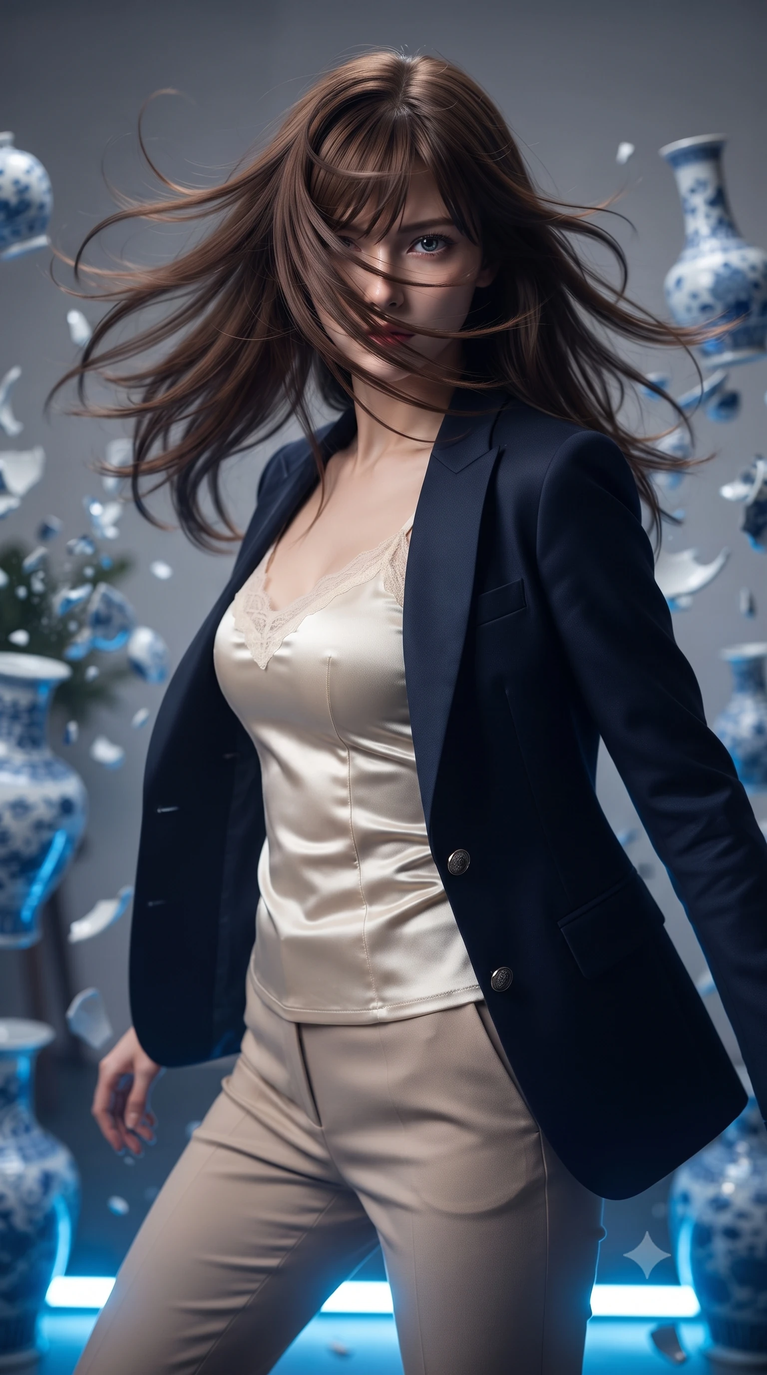 score_9, masterpiece, best quality, ultra-detailed, high-budget anime keyframe, editorial fashion photography, tasteful artistic composition, realistic cosplay photography, Korean woman. close-up cowboy shot from the waist and thighs up, the character dominates the composition, filling the frame with her large presence, background elements kept in soft focus. Executing a sudden, fast pivot to face the camera, her hair whipping violently across her face. set against a soft-focus background of an artist's studio filled with spinning blue-and-white porcelain vases that are shattering in slow motion. She has an exceptionally elegant and slender, willowy female figure with an ultra-slim waist, a gracefully sculpted slender torso, and a refined slim physique. sharp v-shaped jawline, high-bridge nose, intricate jewel-like eyes with depth, thick eyelashes, glossy lips with a natural sheen. wearing tailored for maximum mobility, sleek form-contouring panels that allow fluid movement, a body-hugging cream satin camisole with delicate lace trim, layered under a structured navy blazer and beige trousers. pulsing electric blue plasma arc lighting rising dramatically from below. ultra-reflective glossy finish, specular highlights, metallic sheen, high-contrast stereoscopic depth, volumetric dynamic lighting, 2k, ultra detail, master piece, 9:16 ratio