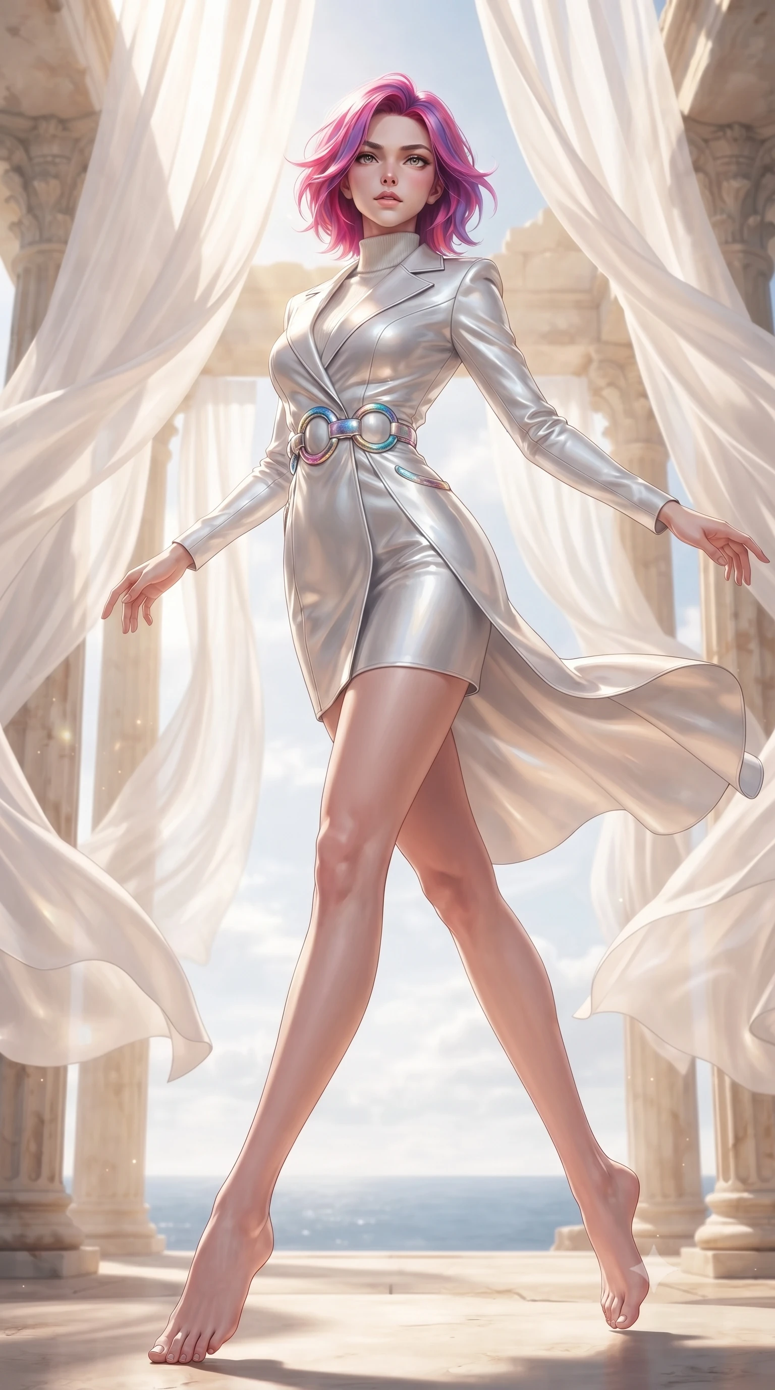 score_9, masterpiece, best quality, ultra-detailed, high-budget anime keyframe, editorial fashion photography, tasteful artistic composition, Caucasian woman. low angle full-body shot from head to toe showing her feet, filling the entire 9:16 vertical frame with her statuesque presence, stretching her vertical silhouette. leaping dynamically through the luminous sky, her posture full of power and elegance, navigating a windswept sanctuary filled with suspended silk curtains, dynamic fluid movement of flowing opal chiffon drapery in the sea wind. She has an absolutely perfect, statuesque 8.5-heads proportion, an exceptionally tall and slender model-like female figure with impossibly long slender legs and an ultra-slim waist. sharp v-shaped jawline, high-bridge nose, intricate jewel-like eyes with depth, thick eyelashes, glossy lips with a natural sheen. wearing structured pearl-white trench dress over sleek turtleneck in pearl white, made of sculpted platinum chrome, accented with sculpted opal chrome rings at the waist, the fitted fabric emphasizing her ultra-slim waist. surrounded by a airy, radiant ambiance with natural sunburst highlights. ultra-reflective glossy finish, specular highlights, metallic sheen, high-contrast stereoscopic depth, volumetric dynamic lighting, 2k, ultra detail, master piece, 9:16 ratio