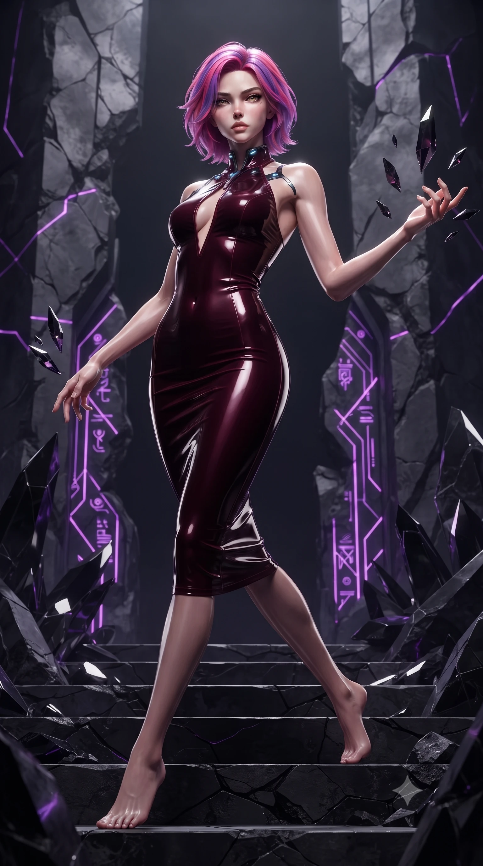 score_9, masterpiece, best quality, ultra-detailed, high-budget anime keyframe, editorial fashion photography, tasteful artistic composition, Caucasian woman. low angle full-body shot from head to toe showing her feet, filling the entire 9:16 vertical frame with her statuesque presence, stretching her vertical silhouette. arching her spine in a fluid zero-gravity turn with sovereign grace, her long slender legs and sculpted torso creating a sweeping line with provocative poise while stepping down the altar steps as hovering obsidian crystal shards orbit her outstretched fingers in slow motion. The surrounding environment is rendered in vivid detail and crisp panoramic clarity. sharp basalt stone carving fractures, razor-edged black crystal facets, and glowing purple glyph lines in deep focus. She has an absolutely perfect, statuesque 8.5-heads proportion, an exceptionally tall and slender model-like female figure with impossibly long slender legs, a toned flat midriff, and an ultra-slim waist. sharp v-shaped jawline, high-bridge nose, intricate jewel-like eyes with depth, thick eyelashes, glossy lips with a natural sheen, flawlessly proportioned anatomical accuracy, strict slender model proportions, natural body alignment, perfectly sculpted long slender limbs, ultra-slim waistline, clean dynamic posture without body distortion. wearing a velvet halter-neck midi dress fitting her statuesque contour flawlessly with a Tasteful chest slit and open spine in deep burgundy wine and specular dark chrome, crafted from ultra-reflective second-skin latex with a high-gloss glass-like polish, featuring a dangerously unzipped neckline framed by subtle glowing cybernetic accents, the liquid-tight tailored fabric emphasizing every curve of her tall, slender model proportions and sculptured silhouette during dynamic movement. illuminated by deep shadow chiaroscuro tracing her sculpted flat midriff, bare spine, and slender limbs. ultra-reflective glossy finish, specular highlights, dark metallic sheen, deep chiaroscuro contrast, volumetric dynamic shadow lighting, 2k, ultra detail, master piece, 9:16 ratio