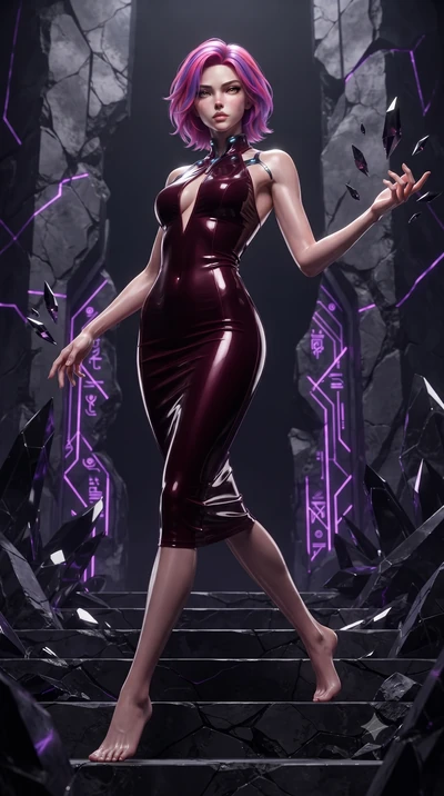 score_9, masterpiece, best quality, ultra-detailed, high-budget anime keyframe, editorial fashion photography, tasteful artistic composition, Caucasian woman. low angle full-body shot from head to toe showing her feet, filling the entire 9:16 vertica