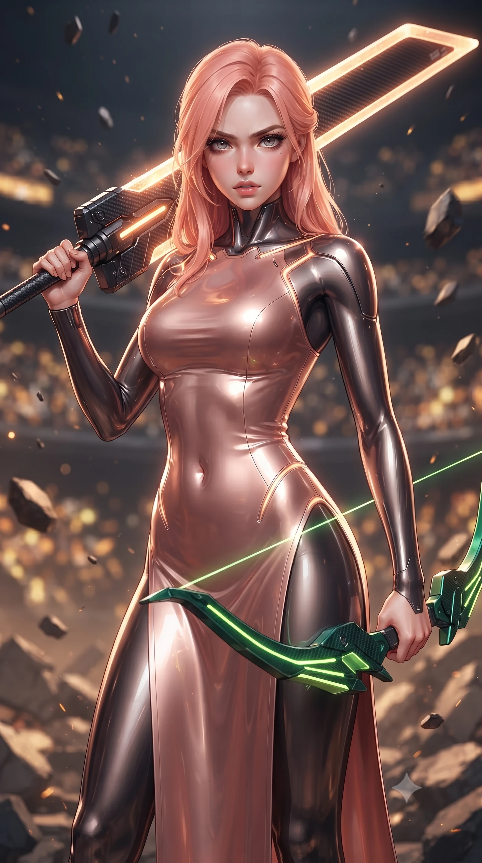 score_9, masterpiece, best quality, ultra-detailed, high-budget anime keyframe, editorial fashion photography, tasteful artistic composition, Japanese woman. close-up cowboy shot from the waist and thighs up, the character dominates the composition, filling the frame with her large presence. looking into the camera lens with intense, captivating depth, softly parted glossy lips and thick eyelashes framing her fierce battle-ready gaze while standing victorious on the shattered rubble of a cybernetic colosseum arena with a massive carbon greatsword resting on her shoulder. The composition keeps background elements in soft focus with creamy bokeh. holographic colosseum spectator stands and floating debris blurred into rich amber, gold, and charcoal bokeh. She has an exceptionally elegant, slender, and willowy female figure with an ultra-slim waist, a gracefully sculpted slender torso, toned flat midriff, and a refined slim silhouette. sharp v-shaped jawline, high-bridge nose, intricate jewel-like eyes with depth, thick eyelashes, glossy lips with a natural sheen, flawlessly proportioned anatomical accuracy, strict slender model proportions, natural body alignment, perfectly sculpted long slender limbs, ultra-slim waistline, clean dynamic posture without body distortion. wearing a form-fitting luminous rose-gold carbon combat gown with tactical side slits, wielding a floating magnetic energy bow with celestial poise in emerald green carbon composite with glowing lime laser channels, formed from high-gloss patent carbon-plating with specular chiaroscuro reflections, accented with glowing fiber-optic conduits tracing her collarbones and hip curves, the glove-like aerodynamic second-skin fit tightly clinging to her ultra-slender waist and athletic curves without adding bulk, accentuating her razor-sharp statuesque lines and slim hourglass silhouette. illuminated by sharp specular highlights tracing her ultra-slim waist, long legs, and flat midriff. ultra-reflective glossy finish, specular highlights, dark metallic sheen, high-contrast stereoscopic depth, volumetric dynamic lighting, 2k, ultra detail, master piece, 9:16 ratio
