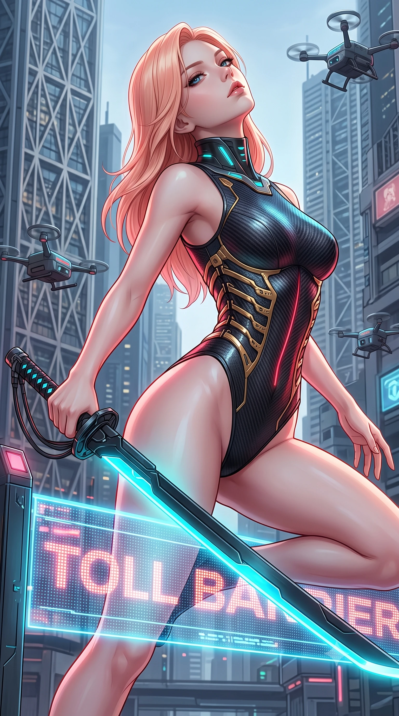 score_9, masterpiece, best quality, ultra-detailed, high-budget anime keyframe, semi-realistic 3D game render, editorial fashion photography, tasteful artistic composition, Japanese woman. close-up cowboy shot from the waist and thighs up, the character dominates the composition, filling the frame with her large presence. tilting her head back with serene regal elegance, her sharp jawline and sculpted collarbones highlighted by glowing weapon energy reflections while arching her spine in a fluid vault over a holographic toll barrier as crimson blade light traces her athletic torso. The surrounding environment is rendered in vivid detail and crisp panoramic clarity. intricate hilt power cables, hovering traffic drones, and skyscraper facade lattices in high clarity. She has an exceptionally elegant, slender, and willowy female figure with an ultra-slim waist, a gracefully sculpted slender torso, toned flat midriff, and a refined slim silhouette. sharp v-shaped jawline, high-bridge nose, intricate jewel-like eyes with depth, thick eyelashes, glossy lips with a natural sheen, flawlessly proportioned anatomical accuracy, strict slender model proportions, natural body alignment, perfectly sculpted long slender limbs, ultra-slim waistline, clean dynamic posture without body distortion. wearing a precision-tailored high-fashion carbon-fiber corset bodysuit with gold mechanical rib boning, wielding a glowing energy katana with royal elegance in matte obsidian carbon black with electric cyan conduits, made of lightweight aerodynamic carbon-titanium alloy with polished edge bevels, featuring a sleek aerodynamic collar framed by subtle glowing cybernetic status LEDs, the sleek second-skin cut tightly hugging her graceful clavicle, narrow waist, and feminine curves with athletic precision. surrounded by a fast, fierce, and intoxicatingly seductive cyber-assassin muse aura. rich saturated anime colors with glowing neon highlights, detailed shading with soft gradients, rich glossy textures, high-contrast stereoscopic depth, volumetric dynamic lighting, master piece, 9:16 ratio