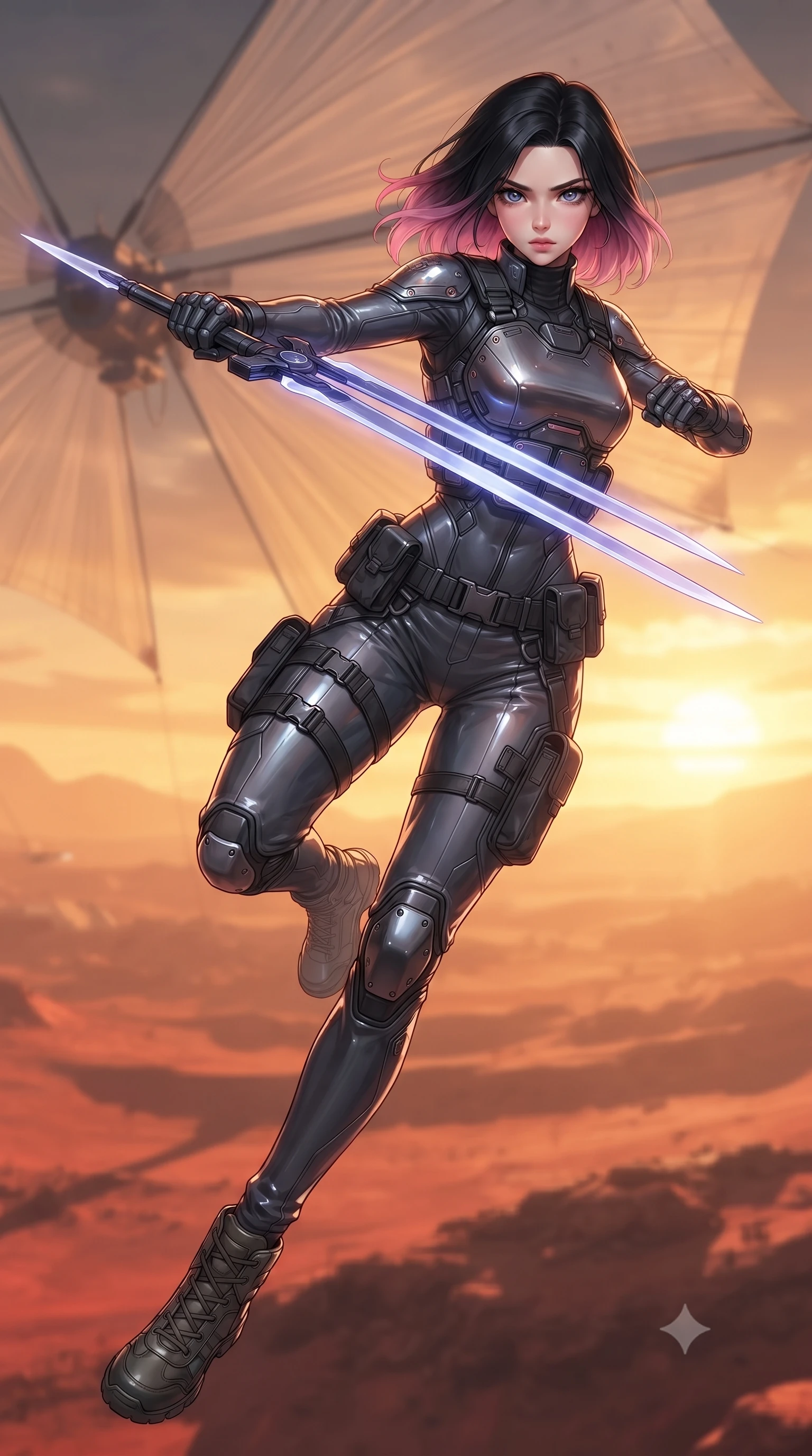 score_9, masterpiece, best quality, ultra-detailed, high-budget anime keyframe, editorial fashion photography, tasteful artistic composition, Korean woman. low angle full-body shot from head to toe showing her feet, filling the entire 9:16 vertical frame with her statuesque presence, stretching her vertical silhouette. leaping forward while slashing with a twin-bladed plasma sword in mid-air, her body-contouring suit showing her athletic silhouette, the background shows a soft-focus a high-altitude solar sail rig suspended over a red desert planet. She has an absolutely perfect, statuesque 8.5-heads proportion, an exceptionally tall and slender model-like female figure with impossibly long slender legs and an ultra-slim waist. sharp v-shaped jawline, high-bridge nose, intricate jewel-like eyes with depth, thick eyelashes, glossy lips with a natural sheen. wearing a slim-fit tailored high-collar carbon-plated tactical vest worn over a high-neck protective utility undershirt and reinforced cargo pants. the dramatic orange glow of a desert planet sunset casting long shadows. ultra-reflective glossy finish, specular highlights, metallic sheen, high-contrast stereoscopic depth, volumetric dynamic lighting, 2k, ultra detail, master piece, 9:16 ratio