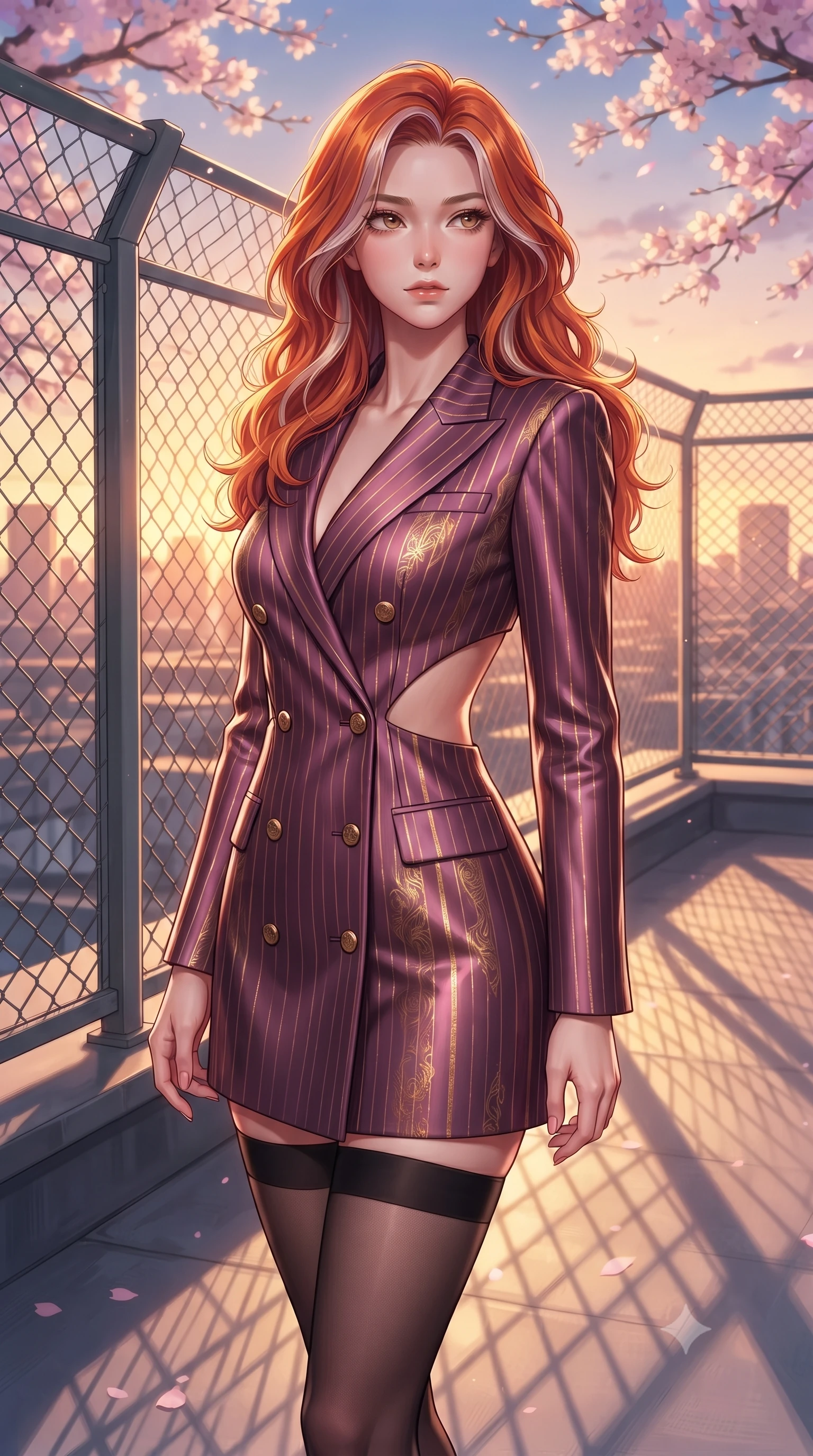score_9, masterpiece, best quality, ultra-detailed, high-budget anime keyframe, editorial fashion photography, tasteful artistic composition, Caucasian woman. close-up cowboy shot from the waist and thighs up, the character dominates the composition, filling the frame with her large presence, background elements kept in soft focus. Gazing past the camera with an air of effortless elegance and mysterious confidence standing by the metal fence of a high school rooftop overlooking a sunset city skyline, golden hour sunbeams casting dramatic fence grid shadows on the roof deck. She has an exceptionally elegant, slender, and willowy female figure with an ultra-slim waist, a gracefully sculpted slender torso, and a refined silhouette. sharp v-shaped jawline, high-bridge nose, intricate jewel-like eyes with depth, thick eyelashes, glossy lips with a natural sheen. wearing a double-breasted blazer dress with metallic pin-stripes in plum purple and gold filigree, crafted from smooth liquid silk, featuring clean architectural cutouts along her slender torso, the tailored fabric tightly following every curve of her athletic build. illuminated by soft glowing evening sunbeams filtering through sakura branches. highly saturated vibrant anime colors, detailed shading with soft gradients, rich glossy textures, high-contrast stereoscopic depth, volumetric dynamic lighting, master piece, 9:16 ratio
