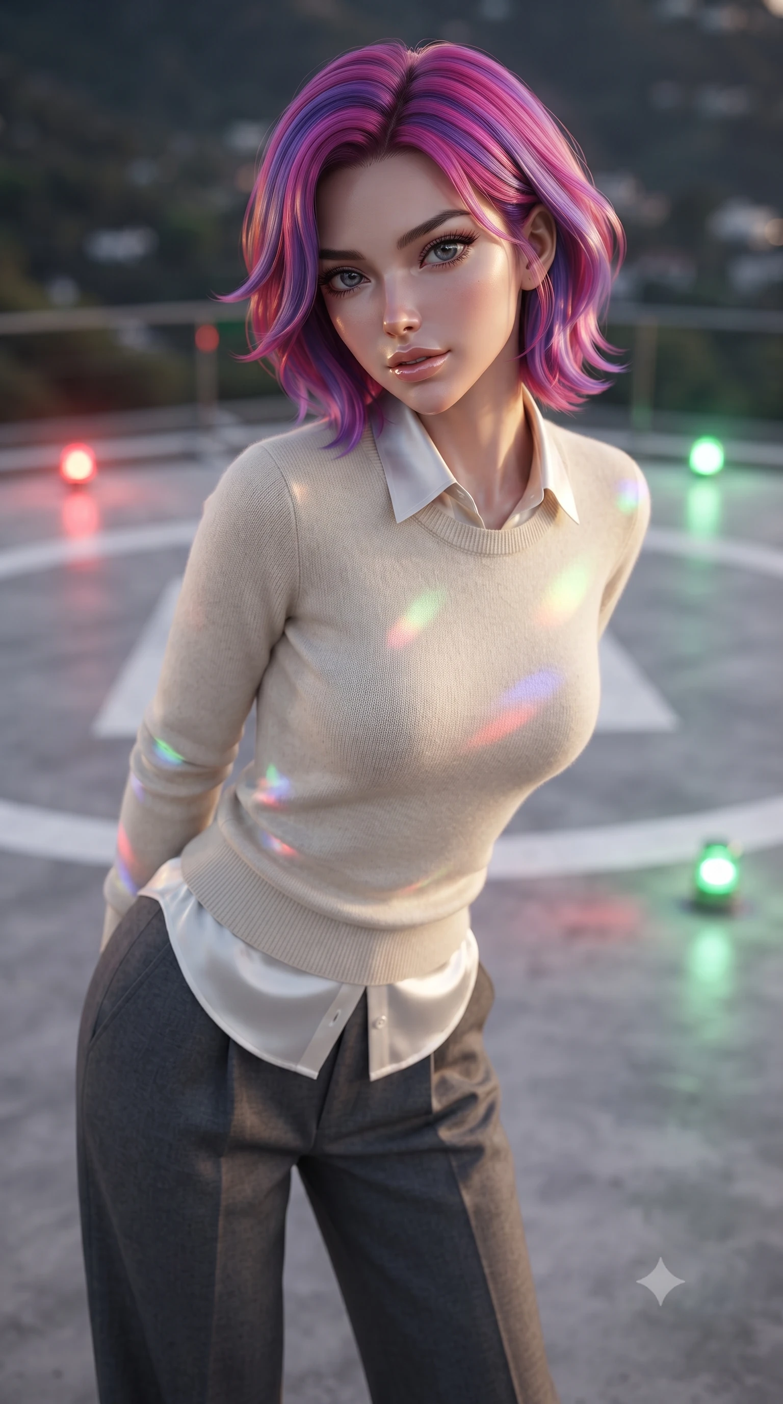 score_9, masterpiece, best quality, ultra-detailed, high-budget anime keyframe, editorial fashion photography, tasteful artistic composition, Caucasian woman. close-up cowboy shot from the waist and thighs up, the character dominates the composition, filling the frame with her large presence, background elements kept in soft focus. leaning slightly forward with a playful, teasing smile, her gaze locked onto the viewer the background shows a soft-focus a concrete helipad circle with blinking signal lights on top of a modern villa. She has an exceptionally elegant, slender, and willowy female figure with an ultra-slim waist, a gracefully sculpted slender torso, and a refined silhouette. sharp v-shaped jawline, high-bridge nose, intricate jewel-like eyes with depth, thick eyelashes, glossy lips with a natural sheen. wearing a slim-fit comfortable cream cashmere knit sweater worn over a white silk button-down shirt and relaxed slacks. flashes of red and green beacon lights casting dynamic highlights on her form. ultra-reflective glossy finish, specular highlights, metallic sheen, high-contrast stereoscopic depth, volumetric dynamic lighting, 2k, ultra detail, master piece, 9:16 ratio