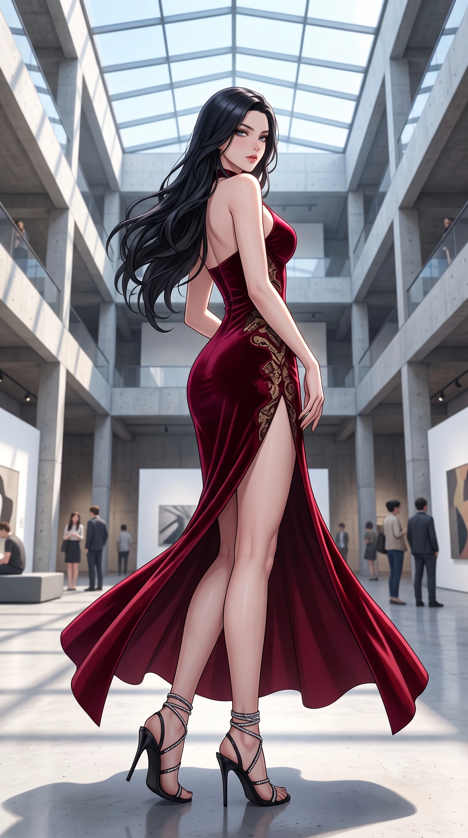 score_9, masterpiece, best quality, ultra-detailed, high-budget anime keyframe, semi-realistic 3D game render, editorial fashion photography, tasteful artistic composition, Korean woman. low angle full-body shot from head to toe showing her feet, filling the entire 9:16 vertical frame with her statuesque presence, stretching her vertical silhouette. executing a slow, graceful pivot turn as her skirt sways around her slender legs, glancing back with an enchanting, teasing sensual expression while standing centered in the monumental exposed concrete atrium, arching her back with sculptural supermodel presence and razor-sharp gaze. The background shows a soft-focus modern art visitors softened in ultra-minimalist museum shallow focus. She has an absolutely perfect, statuesque 8.5-heads proportion, an exceptionally tall and slender model-like female figure with impossibly long slender legs, an ultra-slim waist, a flat toned midriff, narrow delicate ribcage, and beautifully sculpted feminine hips creating a graceful, slim hourglass silhouette without any bulky heaviness. sharp v-shaped jawline, high-bridge nose, sparkling eyes with hypnotic seductive depth, thick curled eyelashes, glossy parted lips with a natural dewy peach sheen, alluring bedroom-eyes with an enchanting coquettish smile, exuding magnetic siren charisma and sophisticated glamour, flawlessly proportioned anatomical accuracy, strict slender model proportions, natural body alignment, perfectly sculpted long slender limbs, ultra-slim waistline, clean dynamic posture without body distortion. wearing a form-contouring deep crimson velvet bodycon gown with a daring hip-high slit and sheer black lace side cutouts in smoldering bordeaux wine and liquid gold with black chantilly lace, crafted from smooth liquid-tight stretch jersey emphasizing every curve of her body, complemented by strappy stiletto sandals with crystal ankle wraps accentuating her slender calves, the high-slit wrap tailoring accentuating her ultra-slim waistline and the enchanting curve of her feminine hips with alluring seductive charm. bathed in intense crisp neutral 5500K daylight flooding directly down from the overhead glass skylight. highly saturated vibrant anime colors, detailed shading with soft gradients, rich glossy textures, high-contrast stereoscopic depth, volumetric dynamic lighting, master piece, 9:16 ratio
