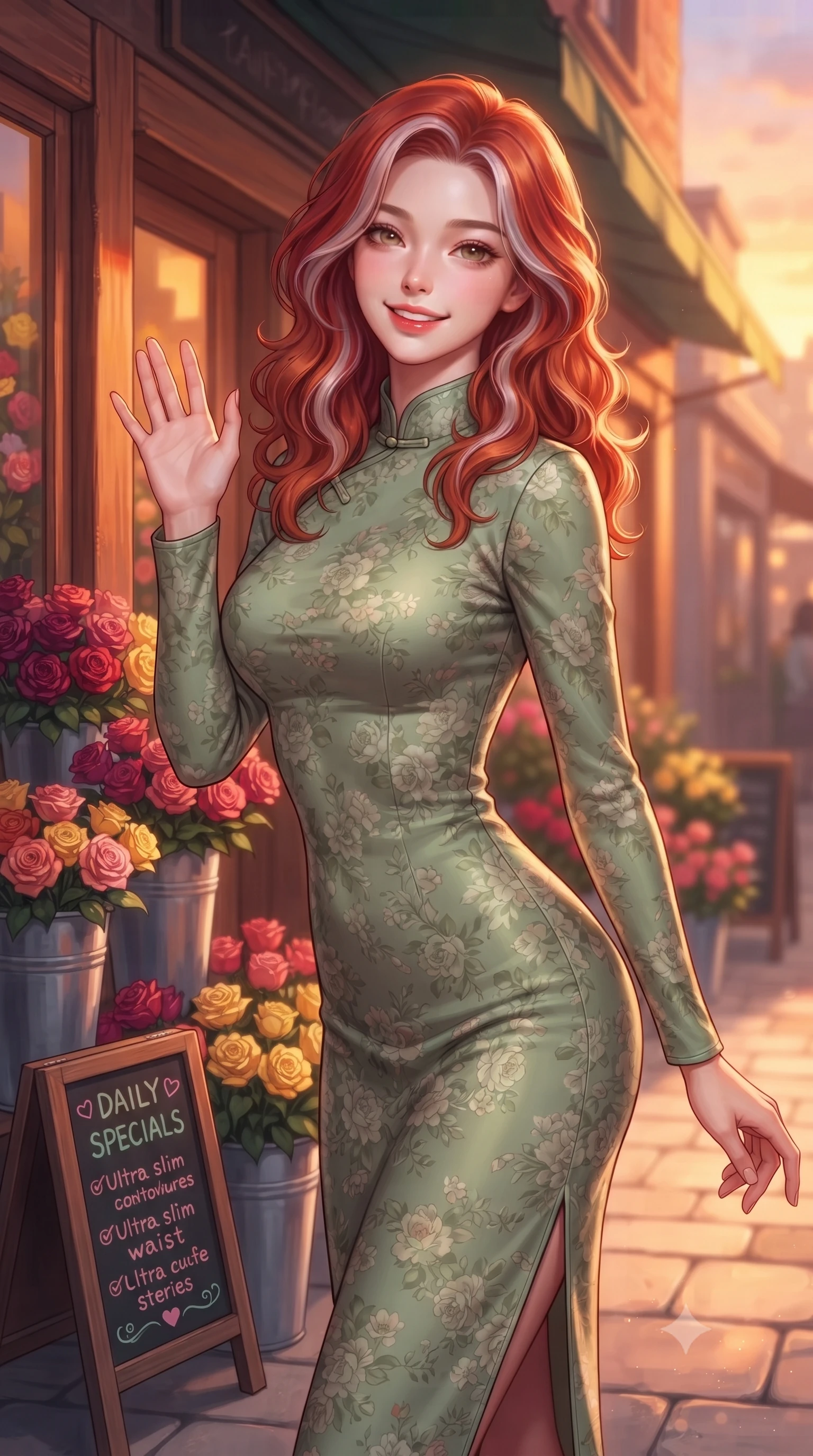 score_9, masterpiece, best quality, ultra-detailed, high-budget anime keyframe, editorial fashion photography, tasteful artistic composition, Caucasian woman. close-up cowboy shot from the waist and thighs up, the character dominates the composition, filling the frame with her large presence, background elements kept in soft focus. flashing a sweet, beaming smile while waving one hand gently toward the camera set against a soft-focus background of outside a charming flower shop alley filled with buckets of colorful roses with a small chalkboard sign showing daily specials written in cute lettering. She has an exceptionally elegant, slender, and willowy female figure with an ultra-slim waist, a gracefully sculpted slender torso, and a refined silhouette. sharp v-shaped jawline, high-bridge nose, intricate jewel-like eyes with depth, thick eyelashes, glossy lips with a natural sheen. wearing form-contouring lovely floral print midi dress in sage green, featuring a high collar and long sleeves. cozy golden hour sunset light painting the wooden shopfronts in orange. highly saturated vibrant anime colors, detailed shading with soft gradients, rich glossy textures, high-contrast stereoscopic depth, volumetric dynamic lighting, master piece, 9:16 ratio
