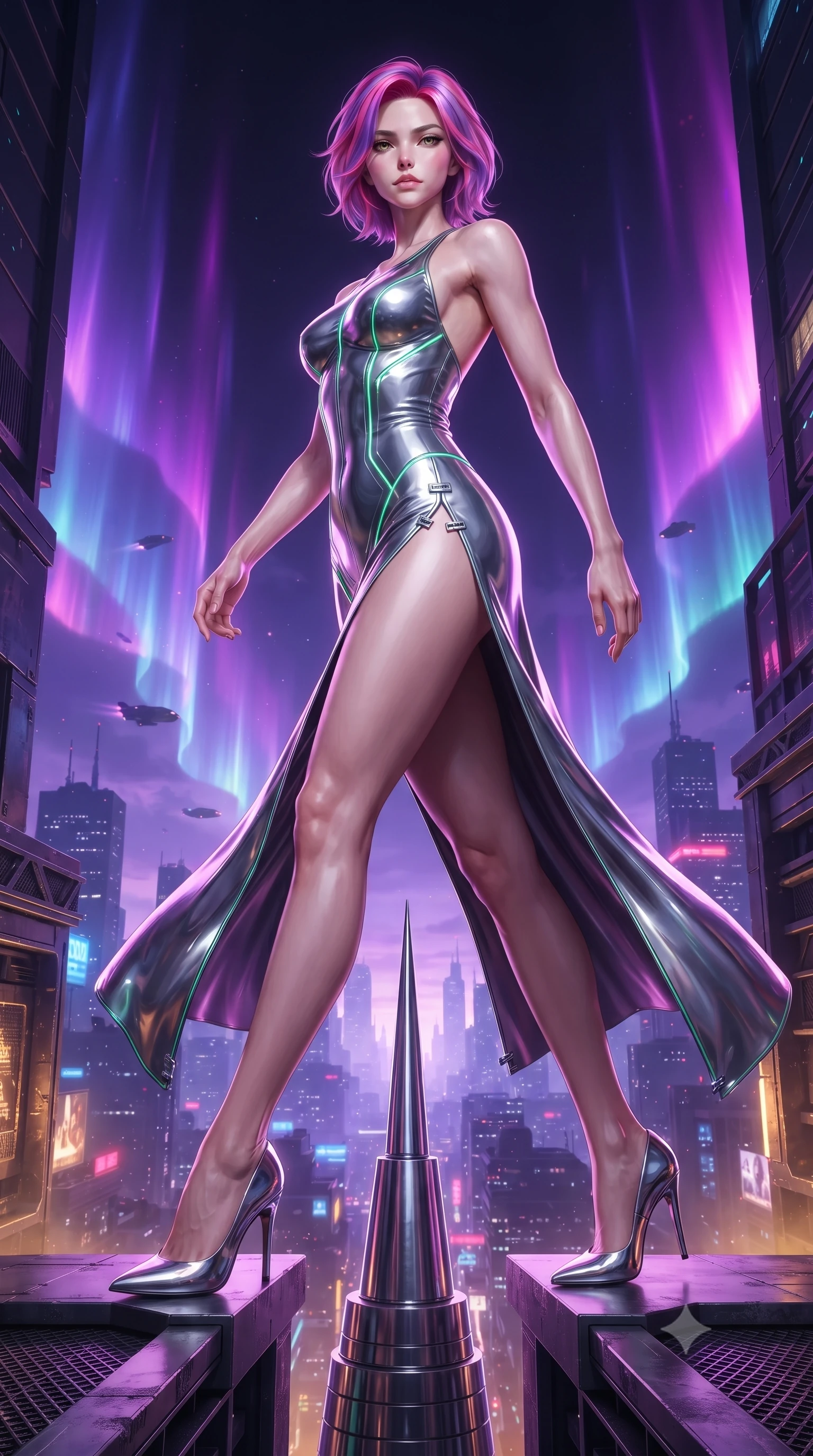 score_9, masterpiece, best quality, ultra-detailed, high-budget anime keyframe, editorial fashion photography, tasteful artistic composition, Caucasian woman. low angle full-body shot from head to toe showing her feet, filling the entire 9:16 vertical frame with her statuesque presence, stretching her vertical silhouette. striding forward with commanding supermodel grace, her 8.5-heads statuesque silhouette dominating the vertical frame from head to toe while standing with statuesque majesty on the extreme chrome spire tip of a 200-story skyscraper above a neon metropolis. The surrounding environment is rendered in vivid detail and crisp panoramic clarity. sharp plasma aurora curtain ripples, flying vehicle silhouettes, and textured metal gantry in high resolution. She has an absolutely perfect, statuesque 8.5-heads proportion, an exceptionally tall and slender model-like female figure with impossibly long slender legs, a toned flat midriff, and an ultra-slim waist. sharp v-shaped jawline, high-bridge nose, intricate jewel-like eyes with depth, thick eyelashes, glossy lips with a natural sheen, flawlessly proportioned anatomical accuracy, strict slender model proportions, natural body alignment, perfectly sculpted long slender limbs, ultra-slim waistline, clean dynamic posture without body distortion. wearing a backless molten silver liquid-metal gown with a high-cut side slit and precision-fitted waist boning in radiant emerald green circuit lines and polished silver sheen, formed from high-gloss patent material with specular chiaroscuro reflections, finished with an ultra-high side slit secured by miniature magnetic clasps, the sleek second-skin cut tightly hugging her graceful clavicle, narrow waist, and feminine curves with athletic precision. bathed in vivid violet and electric magenta plasma aurora backlighting with golden city ground bounce. ultra-reflective glossy finish, specular highlights, dark metallic sheen, high-contrast stereoscopic depth, volumetric dynamic lighting, 2k, ultra detail, master piece, 9:16 ratio