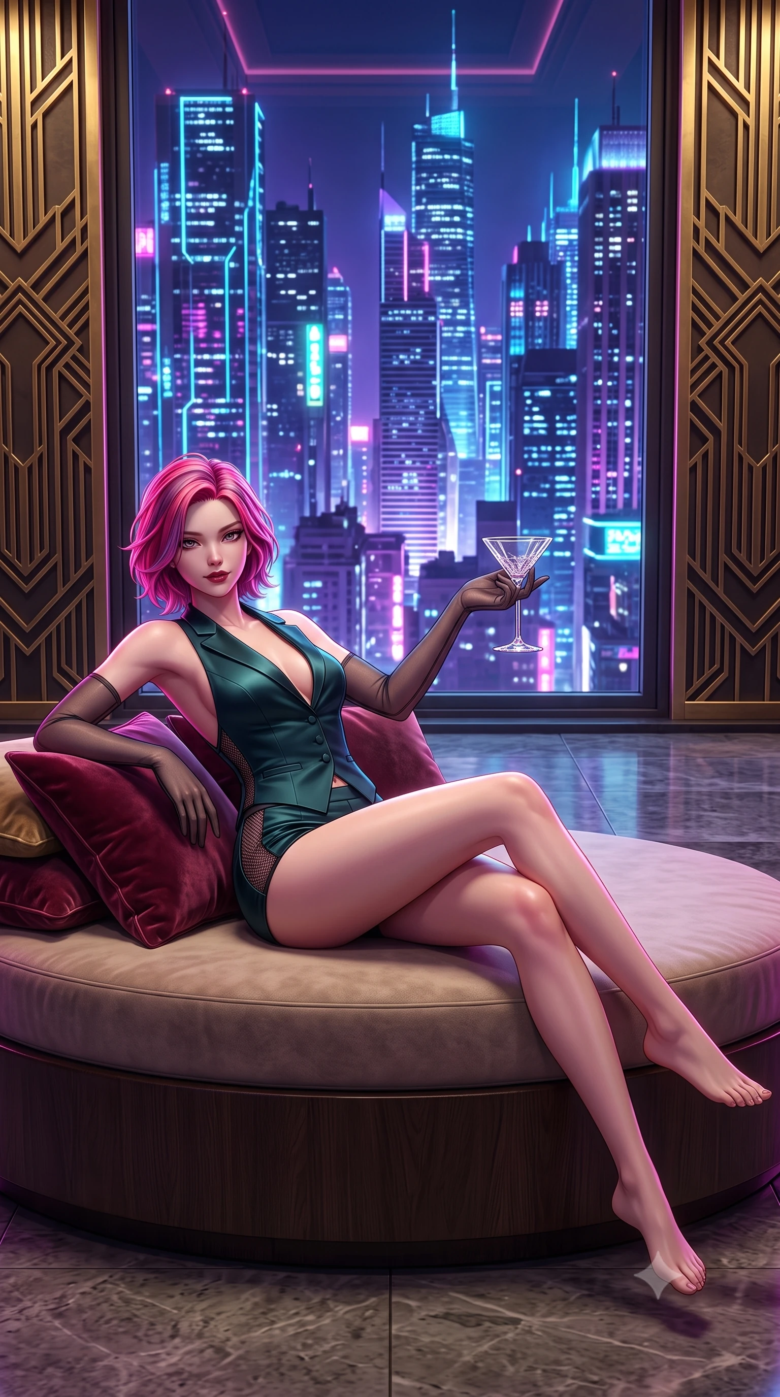 score_9, masterpiece, best quality, ultra-detailed, high-budget anime keyframe, semi-realistic 3D game render, editorial fashion photography, tasteful artistic composition, Caucasian woman. low angle full-body shot from head to toe showing her feet, filling the entire 9:16 vertical frame with her statuesque presence, stretching her vertical silhouette. leaning back against the panoramic glass window with hips cocked back in an unapologetically alluring high-fashion stance, illuminated by the city night vista while lounging gracefully on a circular low banquette propped on one elbow, her radiant dark allure commanding the frame against the futuristic neon towers. The surrounding environment is rendered in vivid detail and crisp panoramic clarity. sharp art deco brass geometric relief, polished riverfront granite texture, and crystal cocktail glass clarity in deep focus. She has an exceptionally tall and slender model-like 8.5-heads proportion, an ultra-slim waist, a flat toned midriff, narrow delicate ribcage, and beautifully sculpted feminine hips creating a graceful, slim hourglass silhouette without any bulky heaviness, with impossibly long slender legs. sharp v-shaped jawline, high-bridge nose, intricate jewel-like dark sparkling eyes with dangerous depth, thick curled eyelashes, glossy parted lips with a rich wine sheen, smoldering seductive half-smile with bedroom-eyes, exuding effortless superiority and intoxicating dark allure, flawlessly proportioned anatomical accuracy, strict slender model proportions, natural body alignment, perfectly sculpted long slender limbs, ultra-slim waistline, clean dynamic posture without body distortion. wearing a tailored satin tuxedo vest worn closed against bare skin with high-cut tailored satin hot-pants in deep forest teal and dark gunmetal, made of semi-opaque dark contouring mesh clinging like a second skin, complemented by sheer dark opera gloves reaching past her elbows, the precision-cut side openings and low-back scoop framing her graceful spine and the sensual sweep of her slim, toned hips. illuminated by crisp electric magenta and warm gold rim lights sharply carving her razor-sharp jawline, narrow waist, and curvy hips. highly saturated vibrant anime colors, detailed shading with soft gradients, rich glossy textures, high-contrast stereoscopic depth, volumetric dynamic lighting, master piece, 9:16 ratio