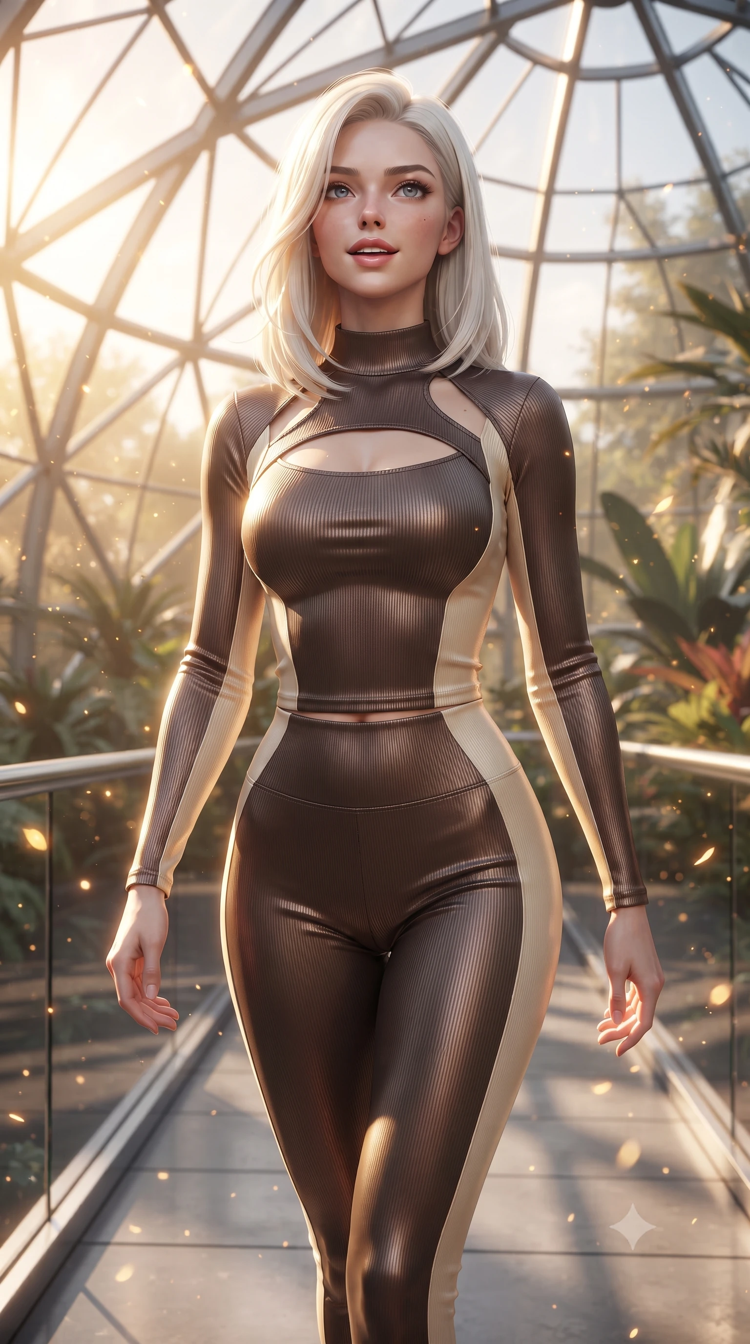 score_9, masterpiece, best quality, ultra-detailed, high-budget anime keyframe, editorial fashion photography, tasteful artistic composition, Caucasian woman. close-up cowboy shot from the waist and thighs up, the character dominates the composition, filling the frame with her large presence, background elements kept in soft focus. Tilting her chin up slightly with lips parted in a magnetic, composed expression walking along a platinum-framed glass walkway in a sunlit botanical dome, glowing pollen particles drifting gracefully around her form. She has an exceptionally elegant, slender, and willowy female figure with an ultra-slim waist, a gracefully sculpted slender torso, and a refined silhouette. sharp v-shaped jawline, high-bridge nose, intricate jewel-like eyes with depth, thick eyelashes, glossy lips with a natural sheen. wearing a form-fitting ribbed activewear set with collar cutouts in espresso brown and warm cream, crafted from smooth liquid silk, accented with a Tasteful chest slit framing her clavicle gracefully, the tailored fabric tightly following every curve of her athletic build. lit by warm golden-hour rays cascading through crystalline glass panes. ultra-reflective glossy finish, specular highlights, metallic sheen, high-contrast stereoscopic depth, volumetric dynamic lighting, 2k, ultra detail, master piece, 9:16 ratio