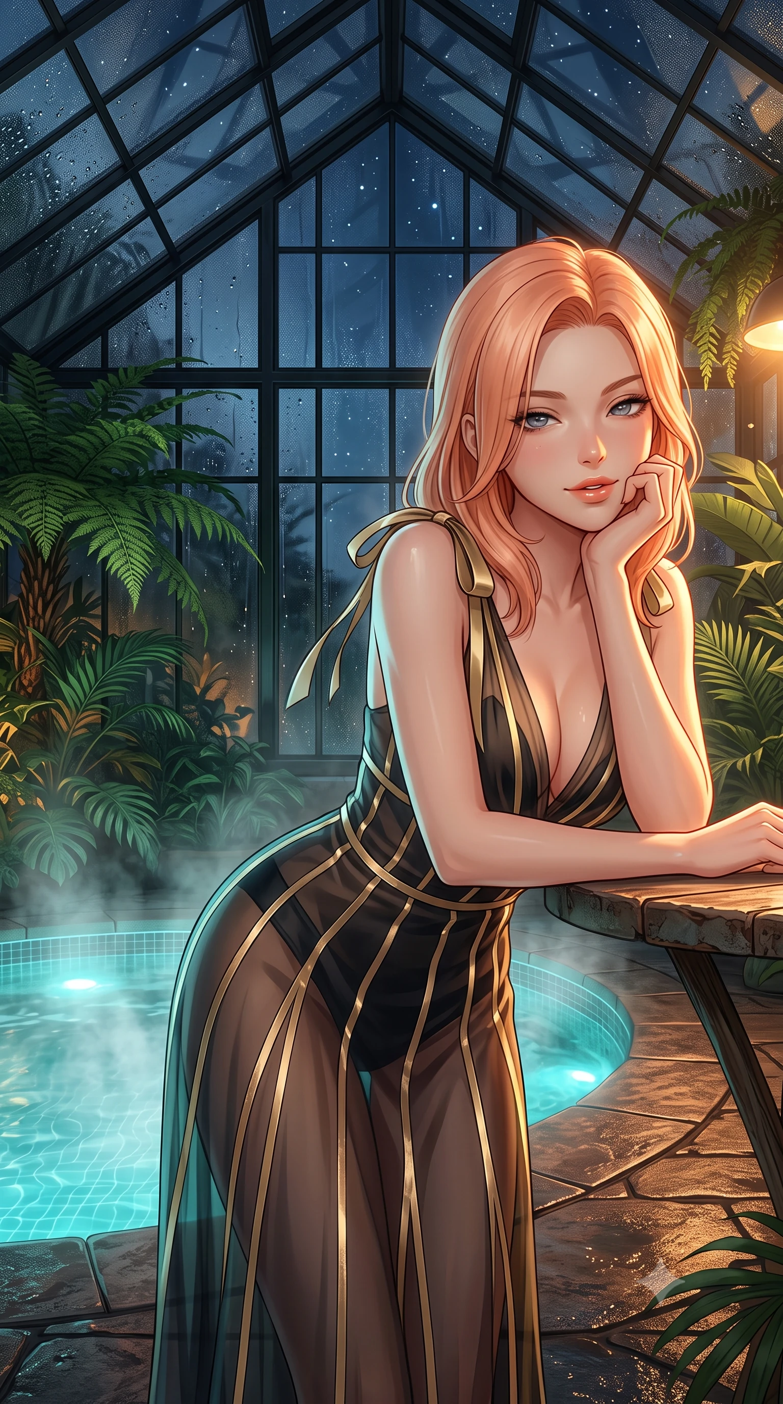 score_9, masterpiece, best quality, ultra-detailed, high-budget anime keyframe, editorial fashion photography, tasteful artistic composition, Japanese woman. close-up cowboy shot from the waist and thighs up, the character dominates the composition, filling the frame with her large presence. resting one elbow on the table and supporting her chin, leaning close to the camera with heavy-lidded sparkling eyes and parted lips while standing poised on the heated lava stone deck beside the steaming botanical thermal pool under the soaring glass conservatory truss, arching her back with siren allure. The surrounding environment is rendered in vivid detail and crisp panoramic clarity: sharp black iron greenhouse frame mullions, exotic fern frond veins, and water droplet condensation beads on glass in deep focus. She has an exceptionally elegant, slender, and willowy female figure with an ultra-slim waist, flat toned midriff, narrow ribcage, and sculpted feminine hips creating an alluring, slim hourglass silhouette without bulk. sharp v-shaped jawline, high-bridge nose, intricate jewel-like sparkling eyes with depth, thick eyelashes, glossy parted lips with a natural peach sheen, bright cheerful beaming smile with an enchanting and coquettish sensual glint, exuding both youthful cute charm and seductive allure, flawlessly proportioned anatomical accuracy, strict slender model proportions, natural body alignment, perfectly sculpted long slender limbs, ultra-slim waistline, clean dynamic posture without body distortion. wearing a plunge-front sheer illusion tulle slip dress with liquid gold ribbon stripes hugging her curves in deep midnight obsidian black and champagne gold, crafted from fluid liquid silk satin that clings smoothly to her narrow waist and rounded hips with a dewy sheen, finished with satin ribbon ties at the shoulders fluttering in the gentle breeze, the liquid-tight tailored fabric clinging flawlessly to her narrow waist and rounded feminine hips, emphasizing every millimeter of her sculpted slim hourglass curves without any bulky heaviness. bathed in warm 2600K botanical grow lamps combined with turquoise underwater pool LEDs and clear Arctic starlight through glass. ultra-reflective glossy finish, specular highlights, rich textural contrasts, high-contrast stereoscopic depth, volumetric dynamic lighting, 2k, ultra detail, master piece, 9:16 ratio