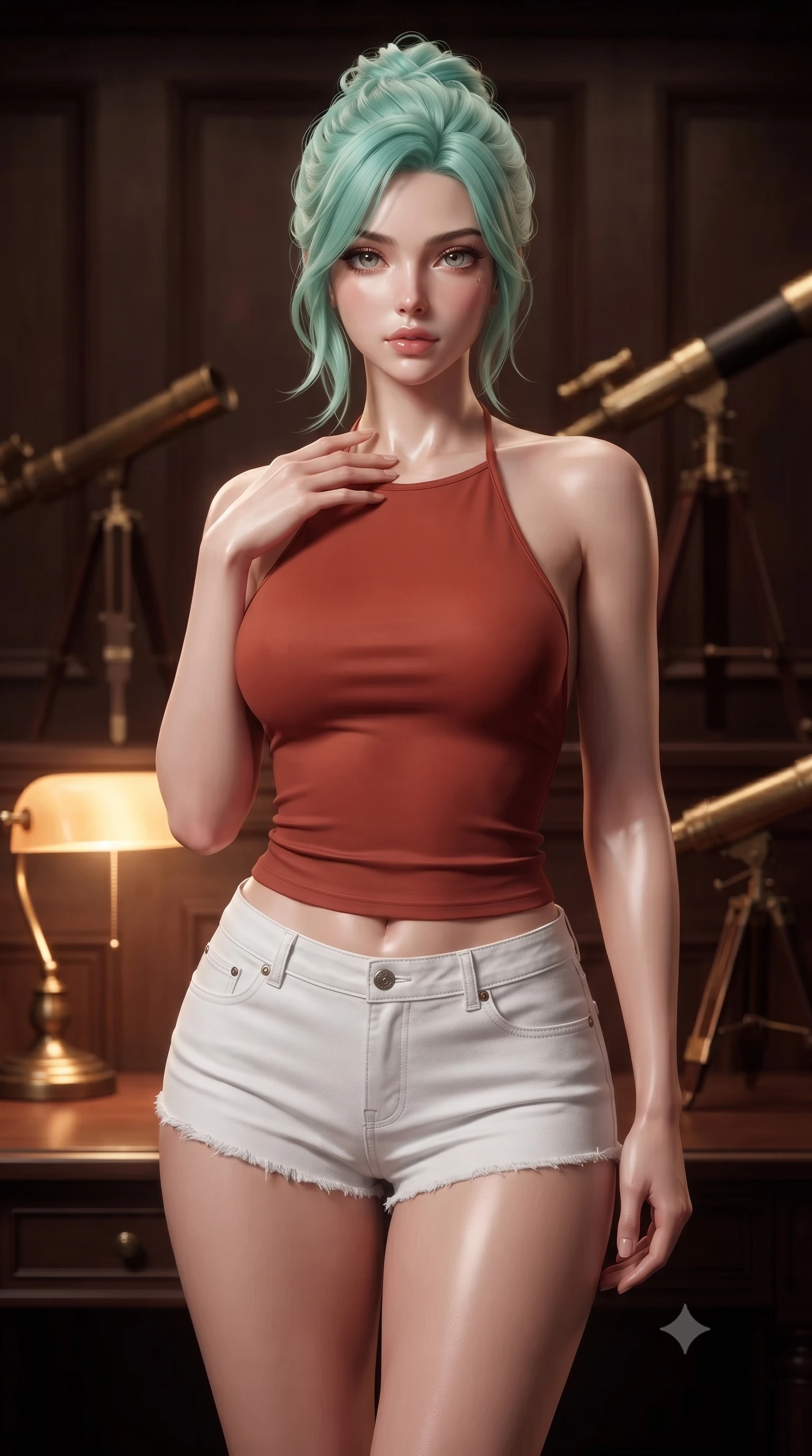 score_9, masterpiece, best quality, ultra-detailed, high-budget anime keyframe, editorial fashion photography, tasteful artistic composition, Japanese woman. close-up cowboy shot from the waist and thighs up, the character dominates the composition, filling the frame with her large presence, background elements kept in soft focus. standing with one hand resting on her collarbone, looking at the viewer with bedroom-eyes the background shows a soft-focus a theater box alcove with dark wood panels and antique telescopes. She has an exceptionally elegant, slender, and willowy female figure with an ultra-slim waist, a gracefully sculpted slender torso, and a refined silhouette. sharp v-shaped jawline, high-bridge nose, intricate jewel-like eyes with depth, thick eyelashes, glossy lips with a natural sheen. wearing a slim-fit backless halter top in terracotta red, paired with white denim micro-shorts. warm amber desk lamp glow creating a quiet, intellectual ambiance. ultra-reflective glossy finish, specular highlights, metallic sheen, high-contrast stereoscopic depth, volumetric dynamic lighting, 2k, ultra detail, master piece, 9:16 ratio