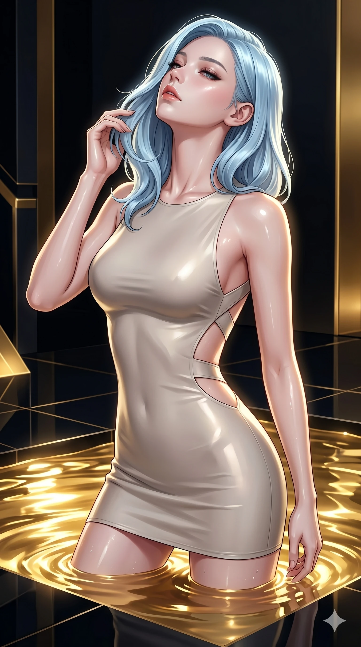 score_9, masterpiece, best quality, ultra-detailed, high-budget anime keyframe, editorial fashion photography, tasteful artistic composition, Korean woman. Upper body close-up from the thighs up, character filling the screen for maximum presence. She is partially submerged in a high-tech obsidian pool filled with glowing liquid gold. She tilts her head back with a sensual expression, exposing her throat and shoulders to the camera. She has an absolutely perfect 8-heads proportion, an exceptionally tall and slender female figure with impossibly long slender legs and an ultra-slim waist. V-shaped jawline, high-bridge nose, intricate jewel-like eyes with depth, thick eyelashes, glossy lips with a natural sheen. She is wearing a second-skin fashion-latex mini dress with a clean architectural front, featuring an open-back design that wraps around the sides of her waist, showcasing her slender silhouette. The scene is lit by shimmering gold reflections from the liquid pool and bright studio key lights. 2k, ultra detail, master piece, 9:16 ratio