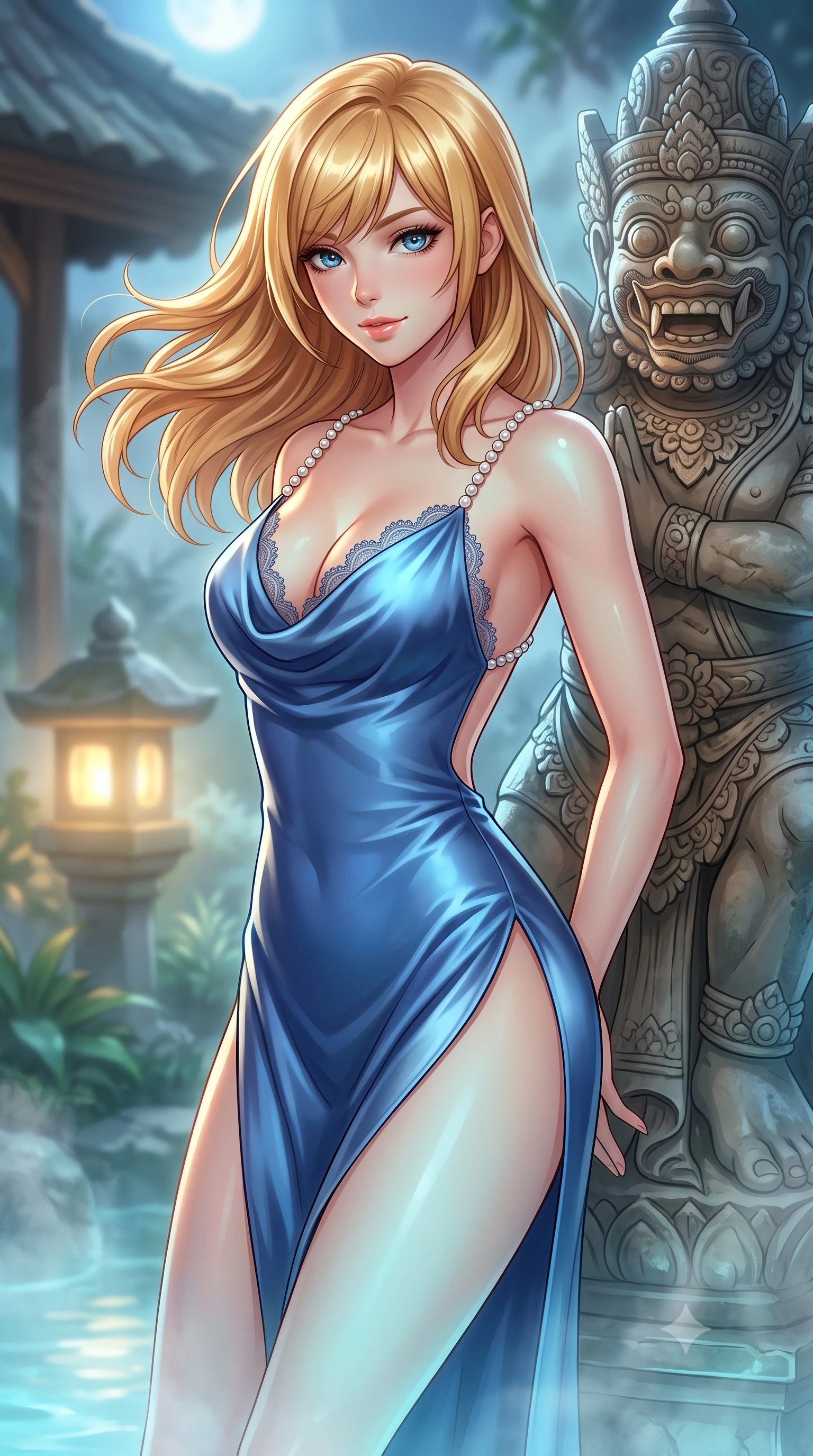 score_9, masterpiece, best quality, ultra-detailed, high-budget anime keyframe, semi-realistic 3D game render, editorial fashion photography, tasteful artistic composition, Caucasian woman. close-up cowboy shot from the waist and thighs up, the character dominates the composition, filling the frame with her large presence. turning slowly with an enchanting smoldering smile, her glossy hair tossing in the breeze as her hips angle gracefully in a captivating contrapposto while leaning against the carved stone Balinese guardian statue with hips cocked back, looking through rising water vapor with bedroom-eyes. The background shows a soft-focus stone lantern glows softened in mystical Balinese sanctuary shallow focus. She has an exceptionally elegant, slender, and willowy female figure with an ultra-slim waist, flat toned midriff, narrow ribcage, and sculpted feminine hips creating an alluring, slim hourglass silhouette without bulk. sharp v-shaped jawline, high-bridge nose, sparkling eyes with hypnotic seductive depth, thick curled eyelashes, glossy parted lips with a natural dewy peach sheen, alluring bedroom-eyes with an enchanting coquettish smile, exuding magnetic siren charisma and sophisticated glamour, flawlessly proportioned anatomical accuracy, strict slender model proportions, natural body alignment, perfectly sculpted long slender limbs, ultra-slim waistline, clean dynamic posture without body distortion. wearing a plunging cowl-neck liquid silk satin sarong slip dress with daring hip-high double slits and pearl shoulder straps in Monte Carlo sapphire and liquid platinum, tailored from fine structural neoprene with crisp architectural edges and smooth contouring, finished with scalloped eyelash lace trim framing her sweetheart neckline with intimate elegance, the precision-cut side openings and low-back scoop framing her graceful spine and the sensual sweep of her slim, toned hips. bathed in luminous underwater aquamarine spring lighting paired with soft warm garden uplights and full moonlight. highly saturated vibrant anime colors, detailed shading with soft gradients, rich glossy textures, high-contrast stereoscopic depth, volumetric dynamic lighting, master piece, 9:16 ratio
