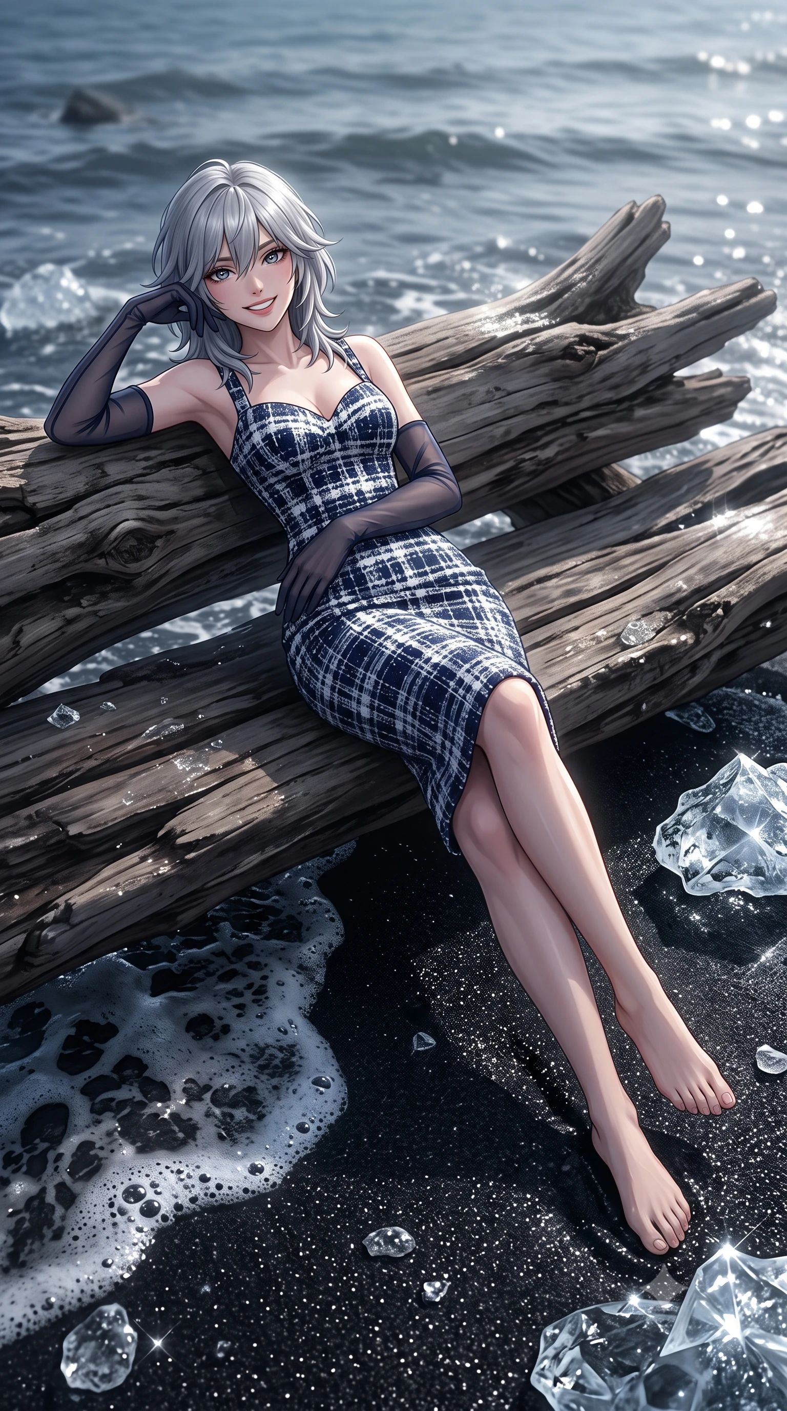 score_9, masterpiece, best quality, ultra-detailed, high-budget anime keyframe, editorial fashion photography, tasteful artistic composition, Japanese woman. low angle full-body shot from head to toe showing her feet, filling the entire 9:16 vertical frame with her statuesque presence, stretching her vertical silhouette. lounging on the lavish daybed with legs crossed and hips angled toward the camera, displaying her toned midriff and long slender limbs with effortless siren poise while reclining gracefully on the dry basalt driftwood bench propped on one elbow with legs extended, displaying her long slender limbs and statuesque hourglass silhouette. The surrounding environment is rendered in vivid detail and crisp panoramic clarity: sharp crystalline ice facet transparency, fine wet black sand grains, and bubbling sea foam edges in deep focus. She has an exceptionally tall and slender model-like 8.5-heads proportion, an ultra-slim waist, a flat toned midriff, narrow delicate ribcage, and beautifully sculpted feminine hips creating a graceful, slim hourglass silhouette without any bulky heaviness, with impossibly long slender legs. sharp v-shaped jawline, high-bridge nose, intricate jewel-like sparkling eyes with depth, thick eyelashes, glossy parted lips with a natural peach sheen, bright cheerful beaming smile with an enchanting and coquettish sensual glint, exuding both youthful cute charm and seductive allure, flawlessly proportioned anatomical accuracy, strict slender model proportions, natural body alignment, perfectly sculpted long slender limbs, ultra-slim waistline, clean dynamic posture without body distortion. wearing a body-contouring dense bandage knit pencil dress with sweetheart neckline in Mount Fuji snow-peak white and midnight indigo silk, woven from structured British tweed with subtle metallic flecks, complemented by sheer opera-length evening gloves tracing her slender arms, the impeccably tailored cut draping gracefully along her slender figure with aristocratic poise. illuminated by ice crystal specular refraction and sharp diamond-silver rim lights defining her dewy collarbones, ultra-slim waist, and curvy hips. ultra-reflective glossy finish, specular highlights, rich textural contrasts, high-contrast stereoscopic depth, volumetric dynamic lighting, 2k, ultra detail, master piece, 9:16 ratio