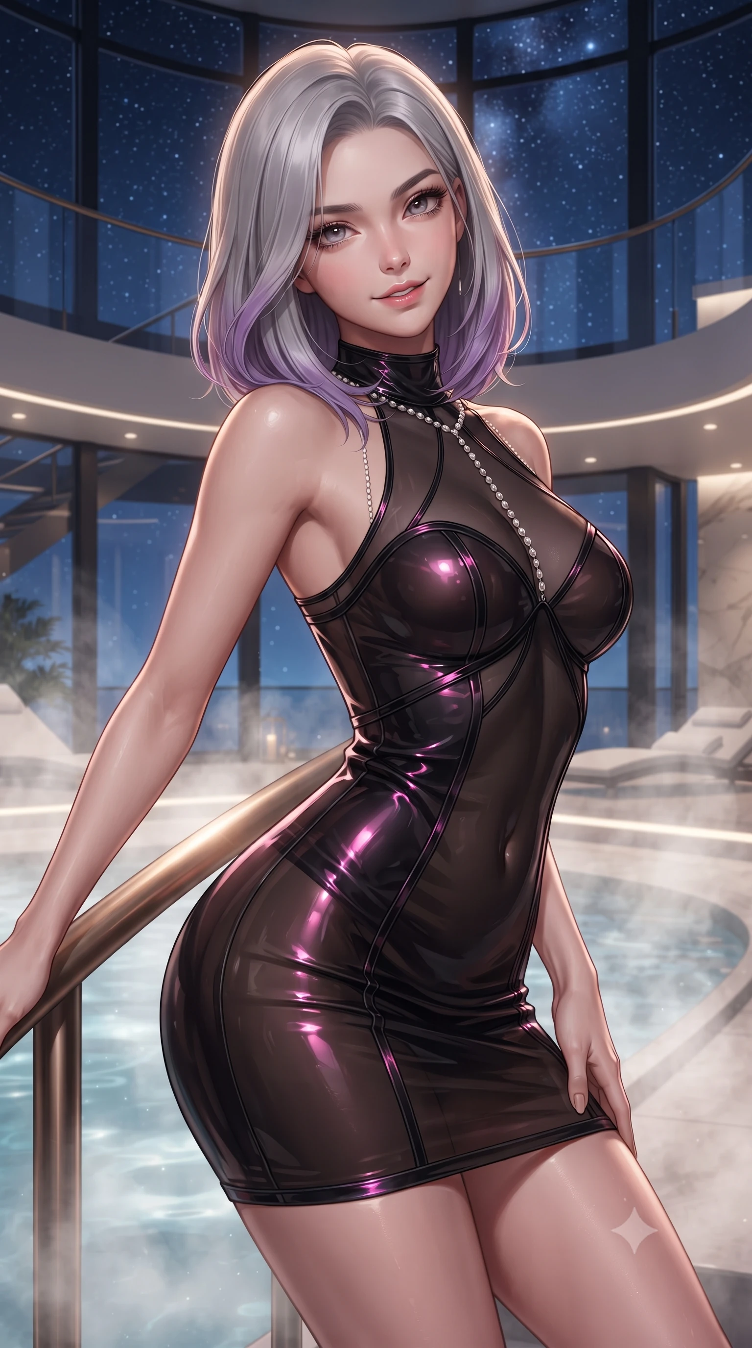 score_9, masterpiece, best quality, ultra-detailed, high-budget anime keyframe, editorial fashion photography, tasteful artistic composition, Caucasian woman. close-up cowboy shot from the waist and thighs up, the character dominates the composition, filling the frame with her large presence. tilting her head with a teasing half-smile, running one hand slowly down the side of her hip in a flirtatious S-curve as ambient light caresses her silhouette while leaning against the warm titanium spa railing with hips cocked back, looking through rising mineral steam with smoldering bedroom-eyes. The surrounding environment is rendered in vivid detail and crisp panoramic clarity: detailed wet-look vinyl bustier texture, delicate waist chain shine, and Scandinavian cantilever engineering in high resolution. She has an exceptionally elegant, slender, and willowy female figure with an ultra-slim waist, flat toned midriff, narrow ribcage, and sculpted feminine hips creating an alluring, slim hourglass silhouette without bulk. sharp v-shaped jawline, high-bridge nose, sparkling eyes with hypnotic seductive depth, thick curled eyelashes, glossy parted lips with a natural dewy peach sheen, alluring bedroom-eyes with an enchanting coquettish smile, exuding magnetic siren charisma and sophisticated glamour, flawlessly proportioned anatomical accuracy, strict slender model proportions, natural body alignment, perfectly sculpted long slender limbs, ultra-slim waistline, clean dynamic posture without body distortion. wearing a provocative high-neck sheer illusion cocktail dress with liquid satin ribbons contouring her curves in wet-look onyx black with electric magenta reflections, crafted from wet-look high-gloss vinyl fabric with dazzling specular surface reflections, accented with a pearl-drop body harness subtly framing her dewy collarbones and spine, the liquid-tight tailored fabric clinging flawlessly to her narrow waist and rounded feminine hips, emphasizing every millimeter of her sculpted slim hourglass curves without any bulky heaviness. bathed in soft underwater 3200K warm white hydro-spa glow mixed with celestial starlight fill. ultra-reflective glossy finish, specular highlights, rich textural contrasts, high-contrast stereoscopic depth, volumetric dynamic lighting, 2k, ultra detail, master piece, 9:16 ratio
