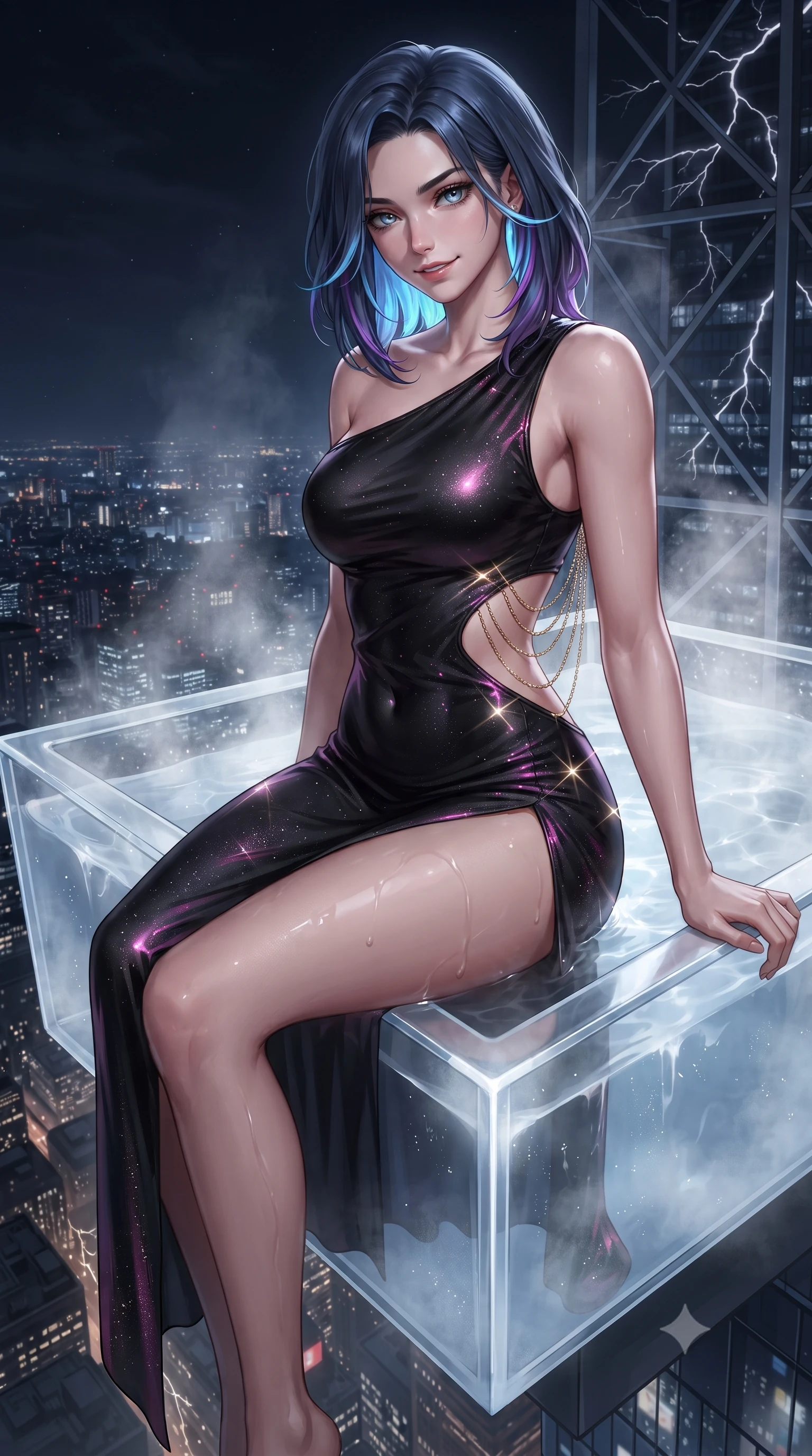 score_9, masterpiece, best quality, ultra-detailed, high-budget anime keyframe, editorial fashion photography, tasteful artistic composition, Caucasian woman. close-up cowboy shot from the waist and thighs up, the character dominates the composition, filling the frame with her large presence. tilting her head with a teasing half-smile, running one hand slowly down the side of her hip in a flirtatious S-curve as ambient light caresses her silhouette while sitting in the steaming open-air glass jacuzzi cantilevered eighty-five floors up, arching her back with breathtaking wet-look siren grace. The surrounding environment is rendered in vivid detail and crisp panoramic clarity: sharp transparent acrylic tub corner joint clarity, rising steam vapor droplets, and lightning bolt branches in deep focus. She has an exceptionally elegant, slender, and willowy female figure with an ultra-slim waist, flat toned midriff, narrow ribcage, and sculpted feminine hips creating an alluring, slim hourglass silhouette without bulk. sharp v-shaped jawline, high-bridge nose, sparkling eyes with hypnotic seductive depth, thick curled eyelashes, glossy parted lips with a natural dewy peach sheen, alluring bedroom-eyes with an enchanting coquettish smile, exuding magnetic siren charisma and sophisticated glamour, flawlessly proportioned anatomical accuracy, strict slender model proportions, natural body alignment, perfectly sculpted long slender limbs, ultra-slim waistline, clean dynamic posture without body distortion. wearing an asymmetric one-shoulder liquid jersey gown with dramatic hip-high slit and sculptural waist cutout in wet-look onyx black with electric magenta reflections, woven from stretch metallic lurex jersey casting radiant starlight glints across her silhouette, accented with an open-back drape framed by falling strands of delicate gold chains, the second-skin tailored fabric adhering flawlessly to her sculpted flat midriff and slender torso, emphasizing her long leg lines and perfectly proportioned willowy build. illuminated by tub water caustics and sharp platinum-violet rim lights defining her delicate clavicles, ultra-slim waist, and curvy hips. ultra-reflective glossy finish, specular highlights, rich textural contrasts, high-contrast stereoscopic depth, volumetric dynamic lighting, 2k, ultra detail, master piece, 9:16 ratio