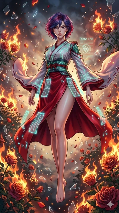 score_9, masterpiece, best quality, ultra-detailed, Set A: High-budget Anime Keyframe, Japanese woman. Low angle cowboy shot filling the entire 9:16 frame with her statuesque presence. Standing victoriously through a shattered glass cathedral, surrou