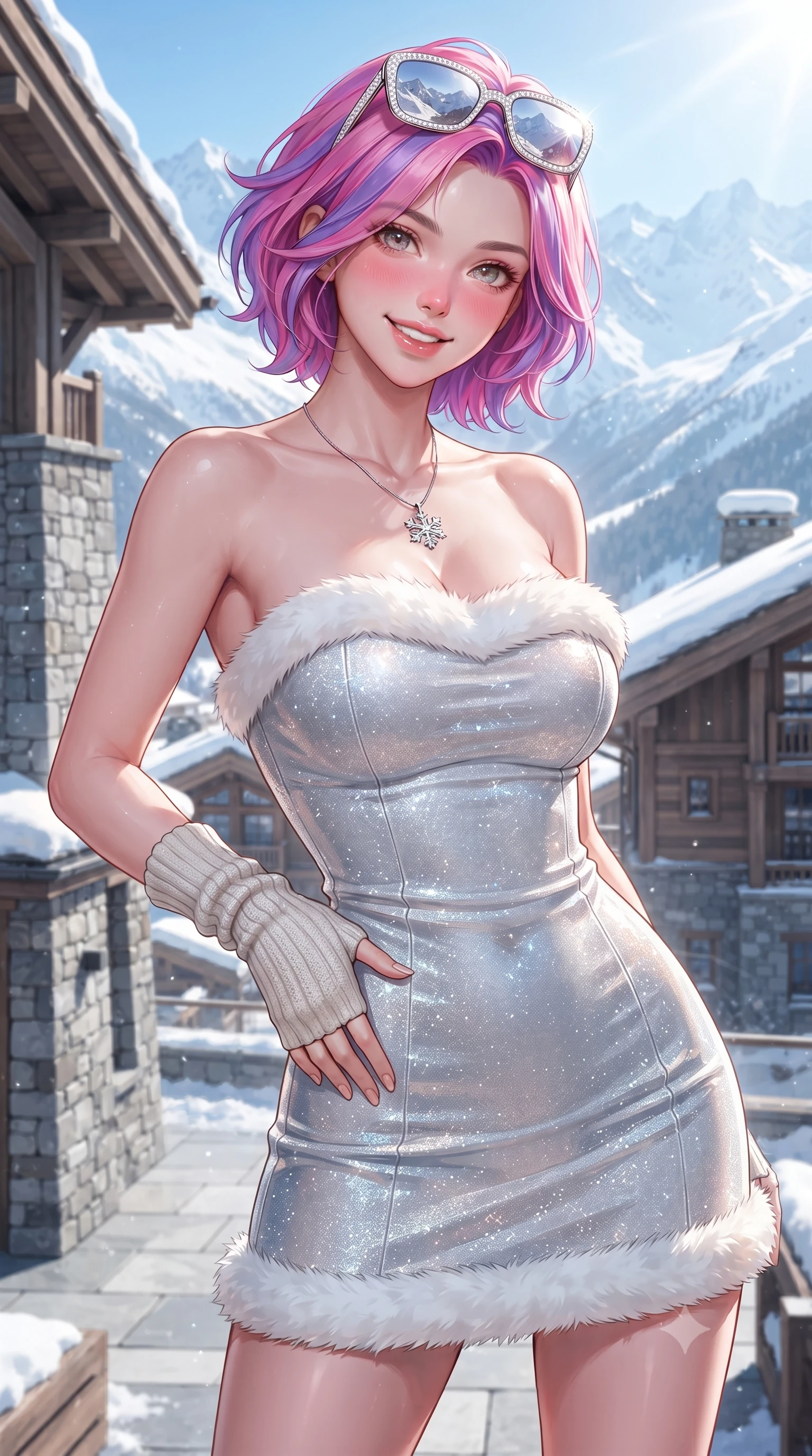 score_9, masterpiece, best quality, ultra-detailed, high-budget anime keyframe, editorial fashion photography, tasteful artistic composition, Caucasian woman. close-up cowboy shot from the waist and thighs up, the character dominates the composition, filling the frame with her large presence. tilting her head with a cute beaming smile while arching her spine with effortless dancer poise, one hand sliding along her hip line in a flirtatious S-curve while twisting her slender torso in an alluring S-curve in her form-fitting luxury ski resort wear, her hourglass curves commanding the mountain panorama. The surrounding environment is rendered in vivid detail and crisp panoramic clarity. detailed thermal ski suit sheen, diamond sunglasses reflection, and French luxury ski resort architecture in high clarity. She has an exceptionally elegant, slender, and willowy female figure with an ultra-slim waist, flat toned midriff, narrow ribcage, and sculpted feminine hips creating an alluring, slim hourglass silhouette without bulk. sharp v-shaped jawline, high-bridge nose, sparkling ice-crystal eyes with depth, frosty thick lashes, glossy parted lips with a rosy berry sheen, bright playful smile with an intoxicating seductive glint, rosy flushed cheeks radiating cozy warmth and dangerous allure, flawlessly proportioned anatomical accuracy, strict slender model proportions, natural body alignment, perfectly sculpted long slender limbs, ultra-slim waistline, clean dynamic posture without body distortion. wearing a strapless velvet mini dress with white faux-fur trim along the neckline and hemline in shimmering frost platinum and pure alabaster, woven from metallic silver lurex thread casting frosty glints in the light, featuring elegant fingerless knit wrist warmers and a dainty silver snowflake pendant, the form-fitting cut adhering flawlessly to her sculpted flat midriff and slender torso, emphasizing her long leg lines and perfectly proportioned willowy build. bathed in dazzling high-altitude alpine sunlight and subtle cyan ice-bar underlighting. ultra-reflective glossy finish, specular highlights, rich textural contrasts, high-contrast stereoscopic depth, volumetric dynamic lighting, 2k, ultra detail, master piece, 9:16 ratio