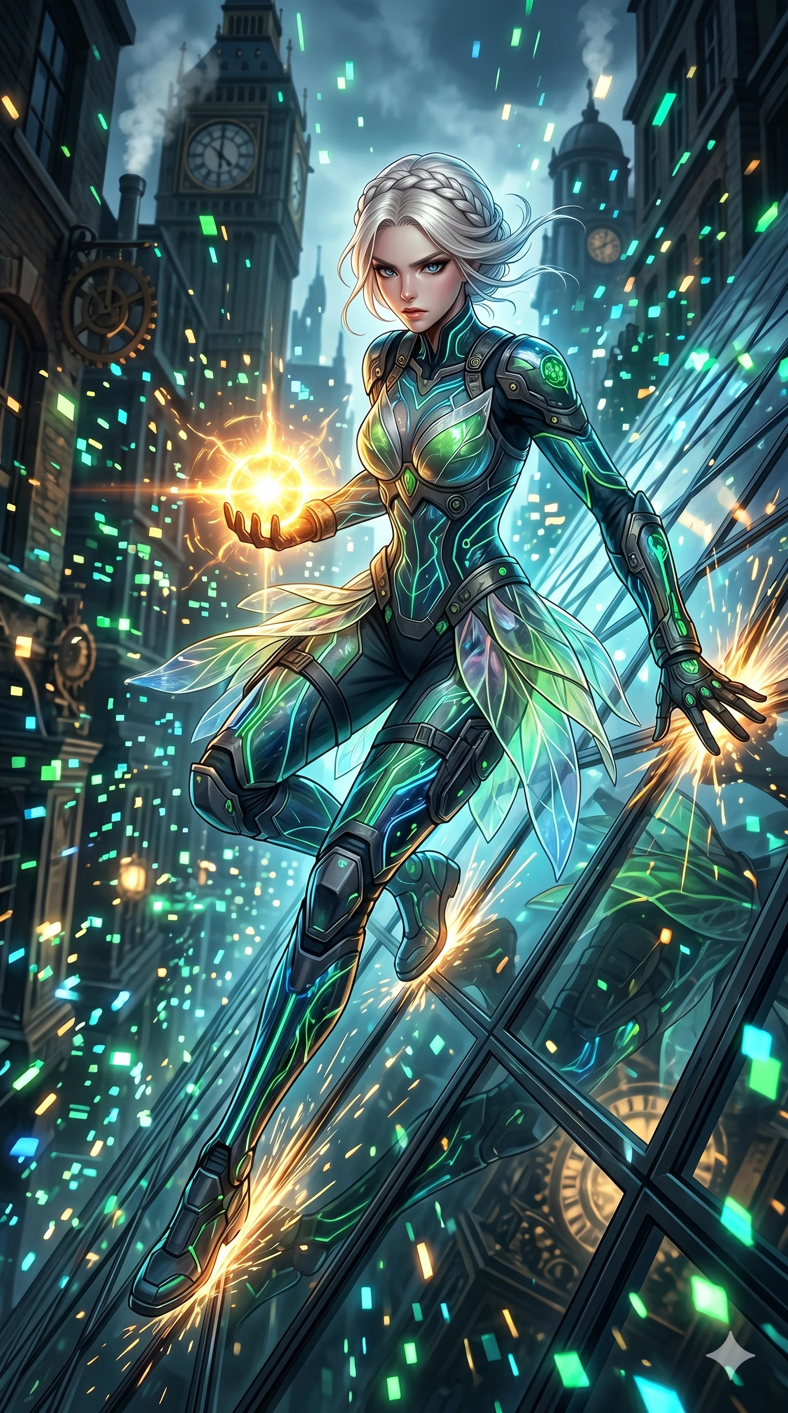 score_9, masterpiece, best quality, ultra-detailed, Set A: High-budget Anime Keyframe, Korean woman. Low angle cowboy shot filling the entire 9:16 frame with her statuesque presence. Theme: Primal Nature. sliding down a glass skyscraper in a steampunk London alleyway, holding a glowing core that hums with the power of 212 suns. The atmosphere is filled with a blizzard of digital pixels. She has an absolutely perfect 8-heads proportion, an exceptionally tall and slender female figure with impossibly long slender legs and an ultra-slim waist. Sharp v-shaped jawline, high-bridge nose, intricate jewel-like eyes with depth, glossy lips. Wearing Bio-luminescent leaf-patterned tech-wear with transparent petal-textured overlays. Cinematic lighting, vivid colors, dramatic shadows, 2k, ultra detail, master piece, 9:16 ratio