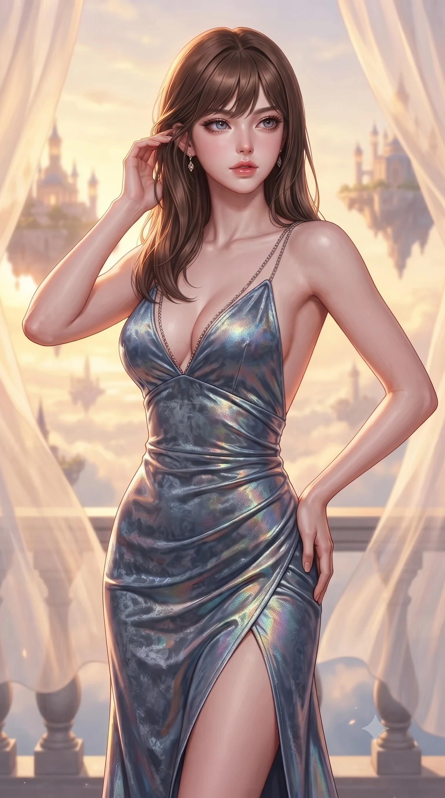 score_9, masterpiece, best quality, ultra-detailed, high-budget anime keyframe, editorial fashion photography, tasteful artistic composition, Korean woman. close-up cowboy shot from the waist and thighs up, the character dominates the composition, filling the frame with her large presence, background elements kept in soft focus. Gazing past the camera with an air of effortless elegance and mysterious confidence gazing out at a dreamlike palace archipelago suspended in golden hour light, translucent silk curtains drifting lazily in a warm sky breeze. She has an exceptionally elegant, slender, and willowy female figure with an ultra-slim waist, a gracefully sculpted slender torso, and a refined silhouette. sharp v-shaped jawline, high-bridge nose, intricate jewel-like eyes with depth, thick eyelashes, glossy lips with a natural sheen. wearing a backless crushed velvet gown with a deep V-neckline and high thigh slit in slate blue and metallic silver, crafted from iridescent chiffon that shifts colors in the light, adorned with delicate metallic chain straps along the neckline, the sleek second-skin texture accentuating her magnetic presence. bathed in glorious golden hour sunbeams and warm rose-gold ambient light. highly saturated vibrant anime colors, detailed shading with soft gradients, rich glossy textures, high-contrast stereoscopic depth, volumetric dynamic lighting, master piece, 9:16 ratio